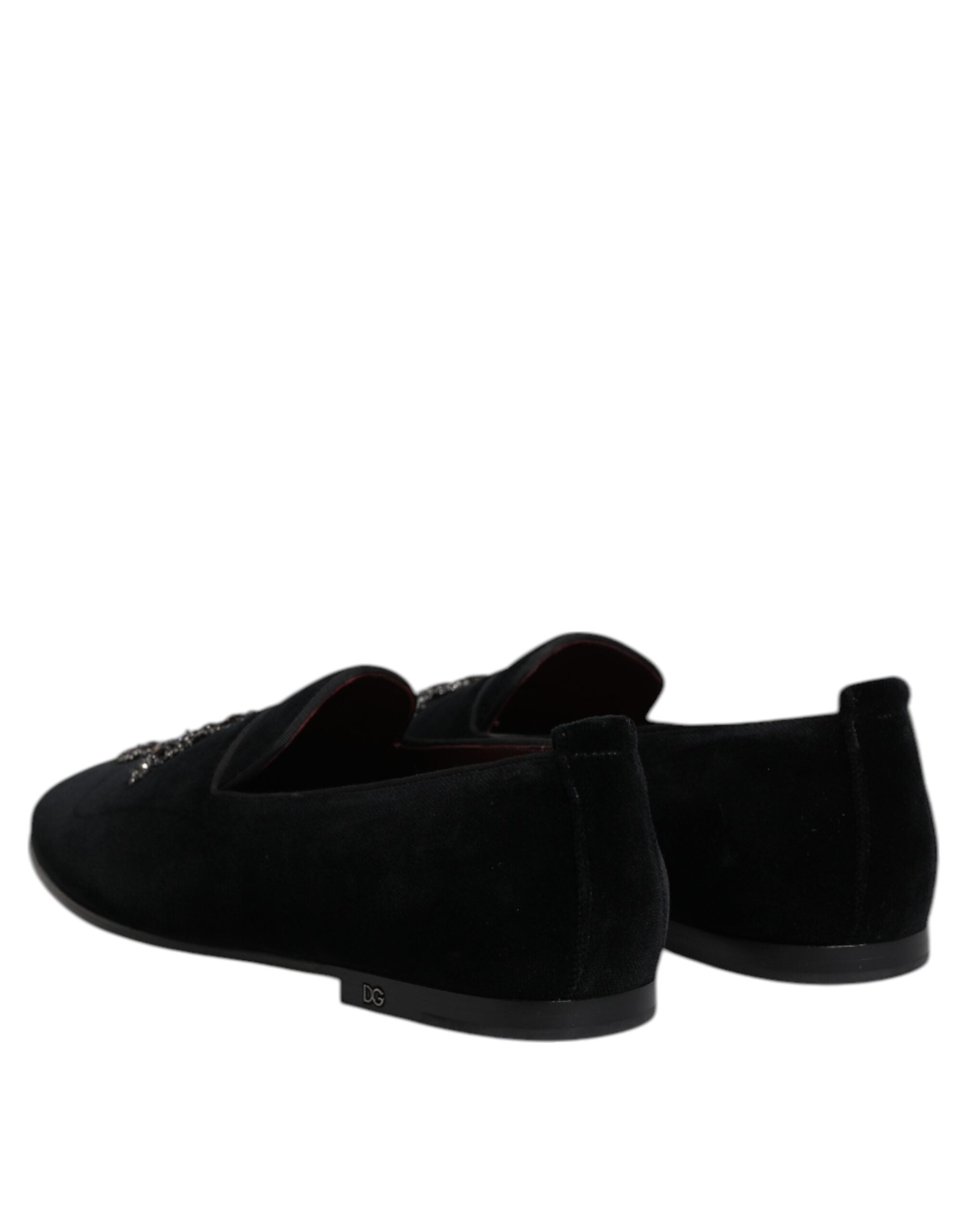 Black Velvet Embellished Loafer Slip On Shoes
