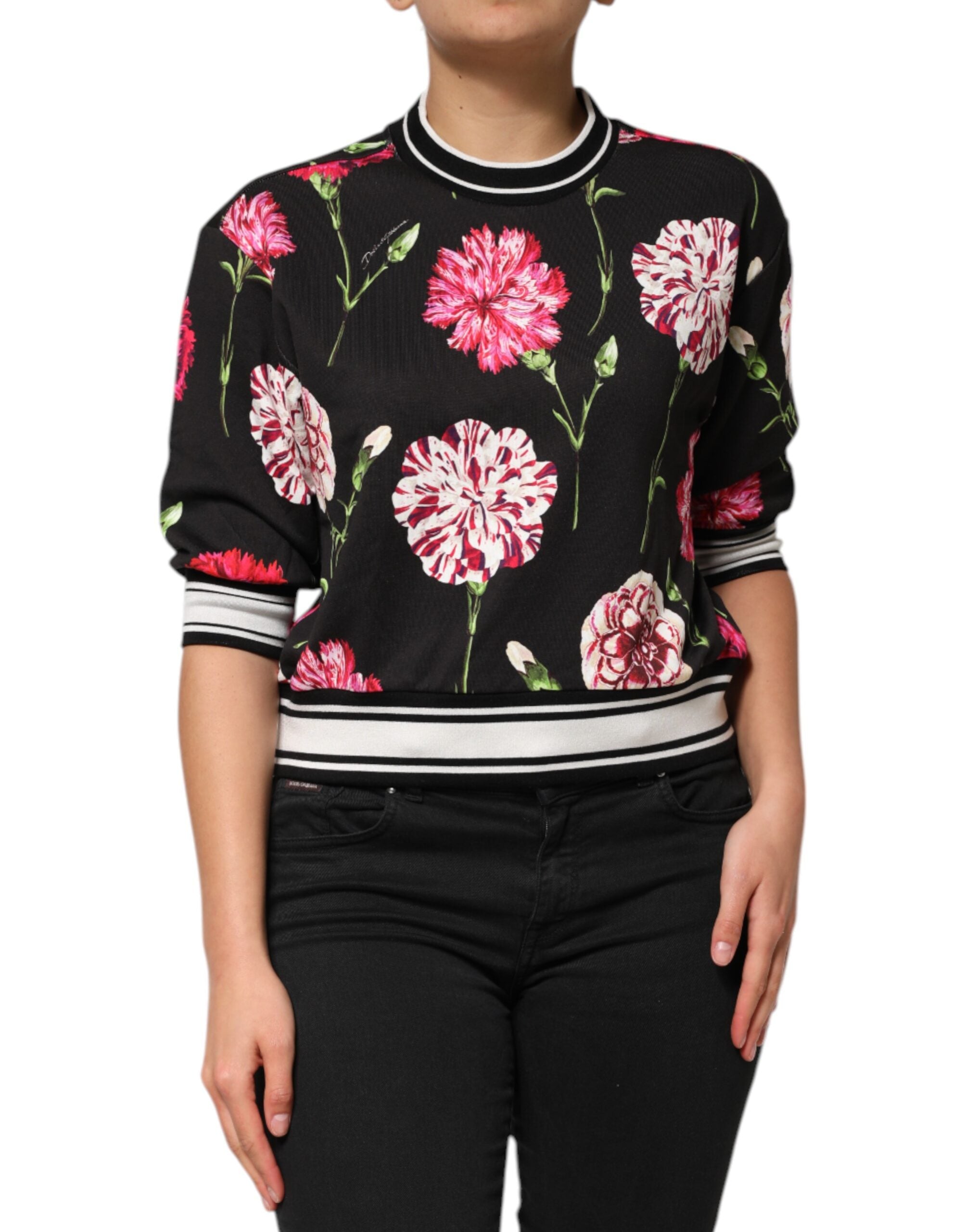 Black Floral Print Cotton Short Sleeves Top