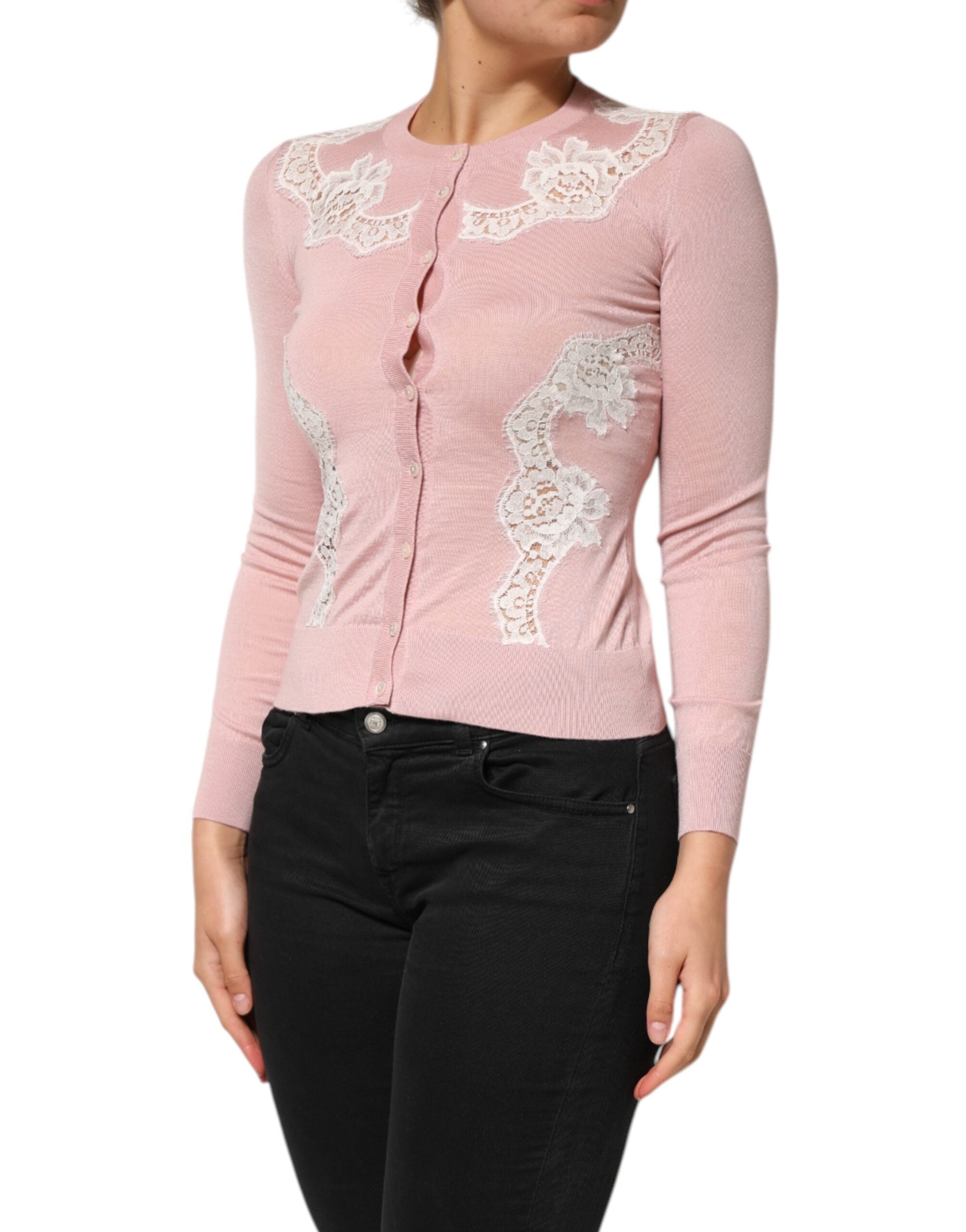 Pink Floral Lace Detailing Cardigan Sweater