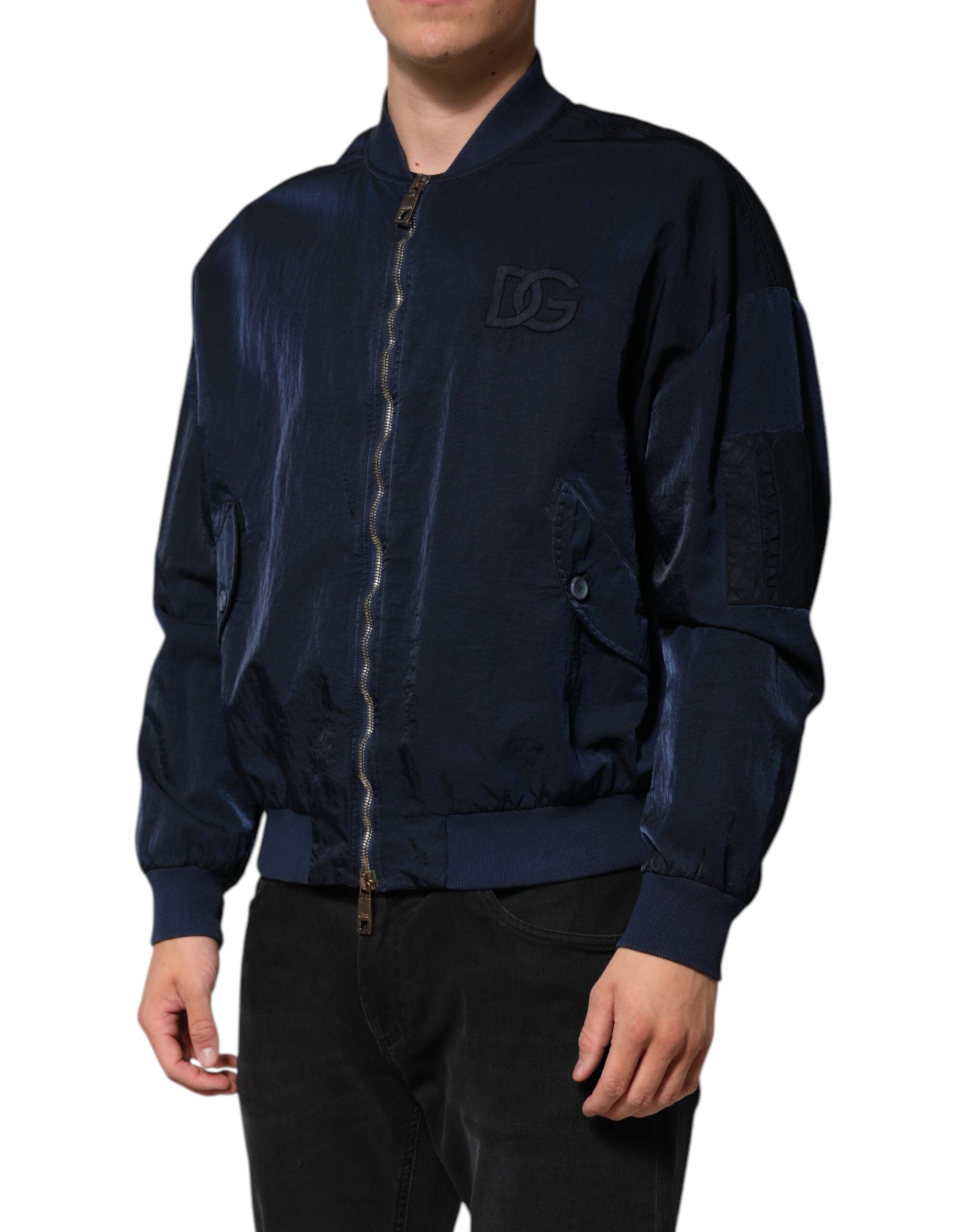 Blue Nylon DG Embroidery Men Bomber Jacket