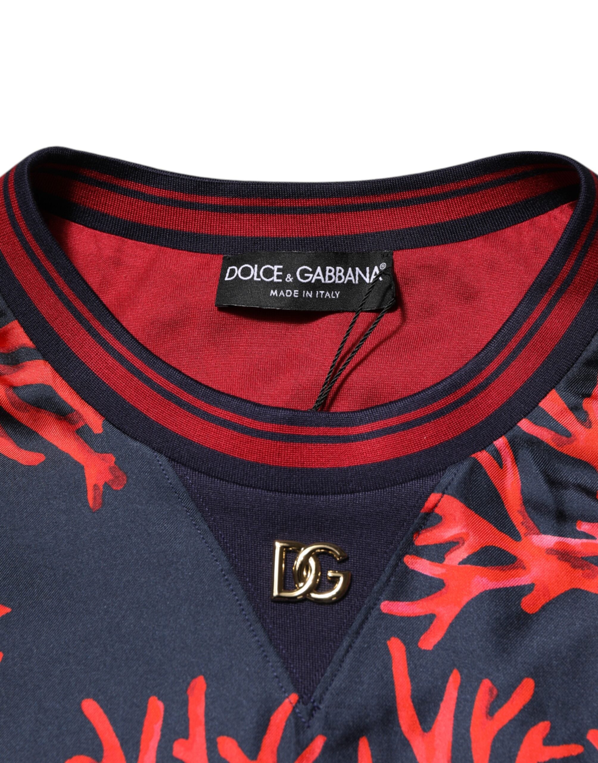Navy Red Silk Coral Print Pullover Sweater