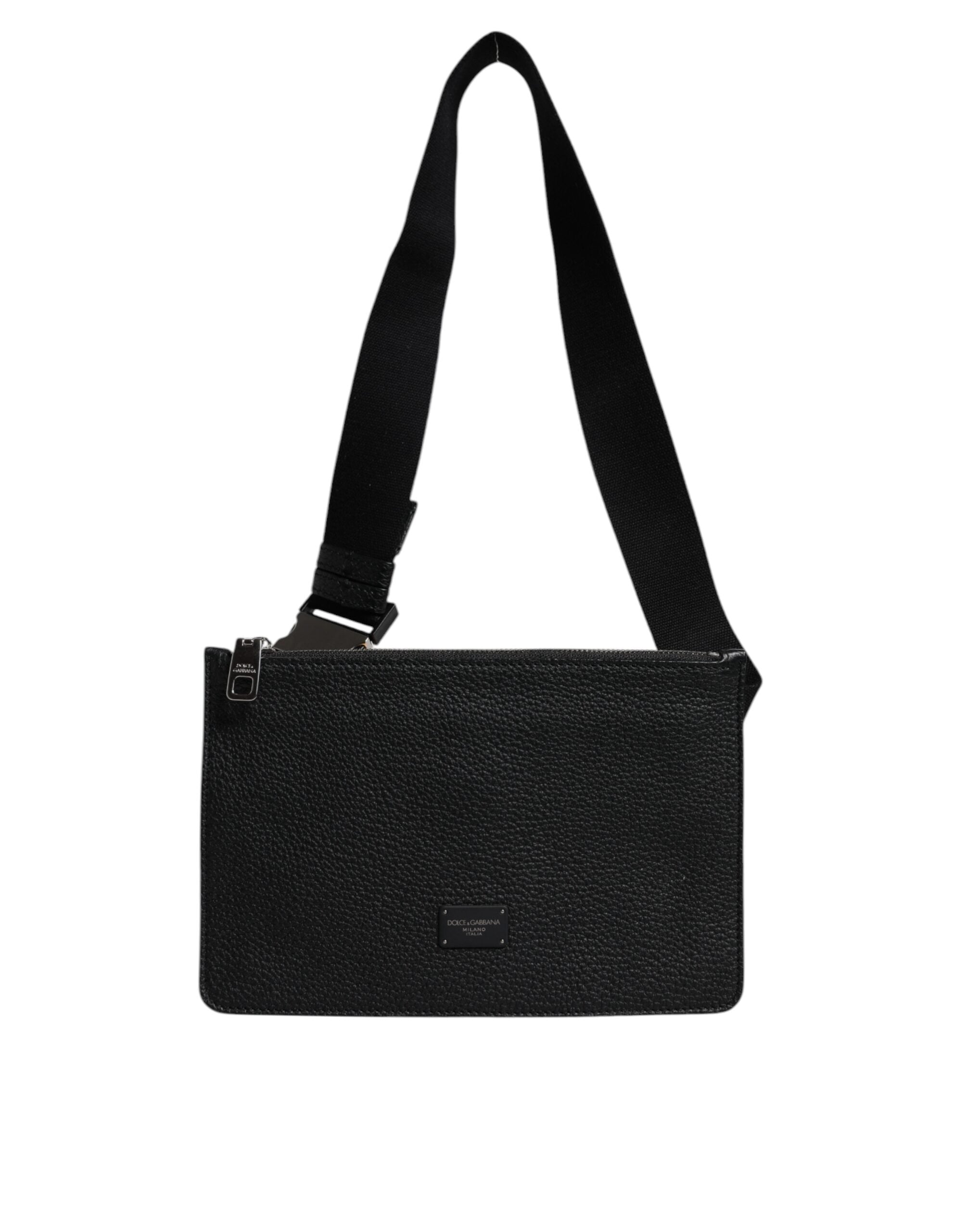Black Leather Logo Embossed Waist Fanny Pack Bag