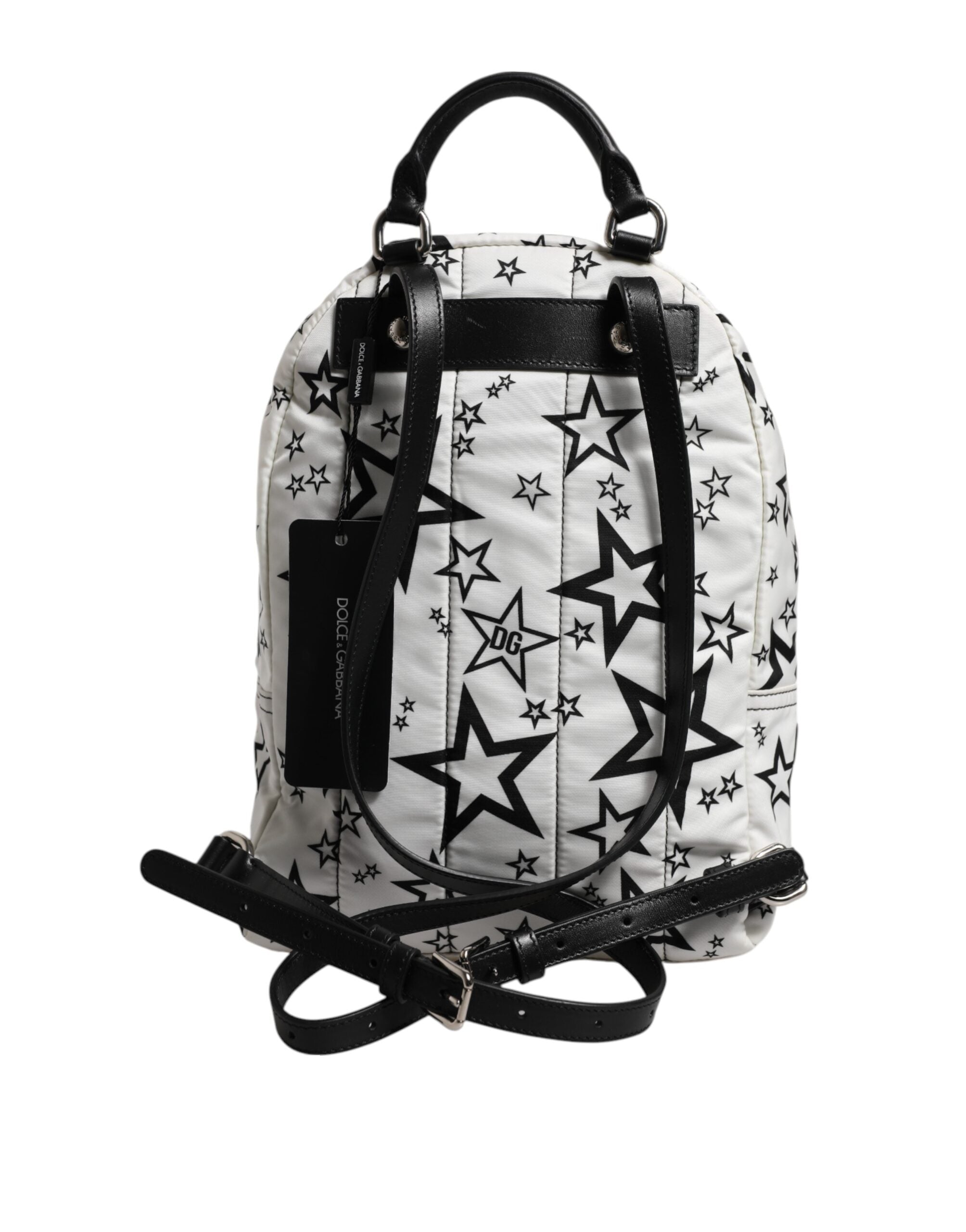 White DG Stars Print Nylon Travel Backpack Bag