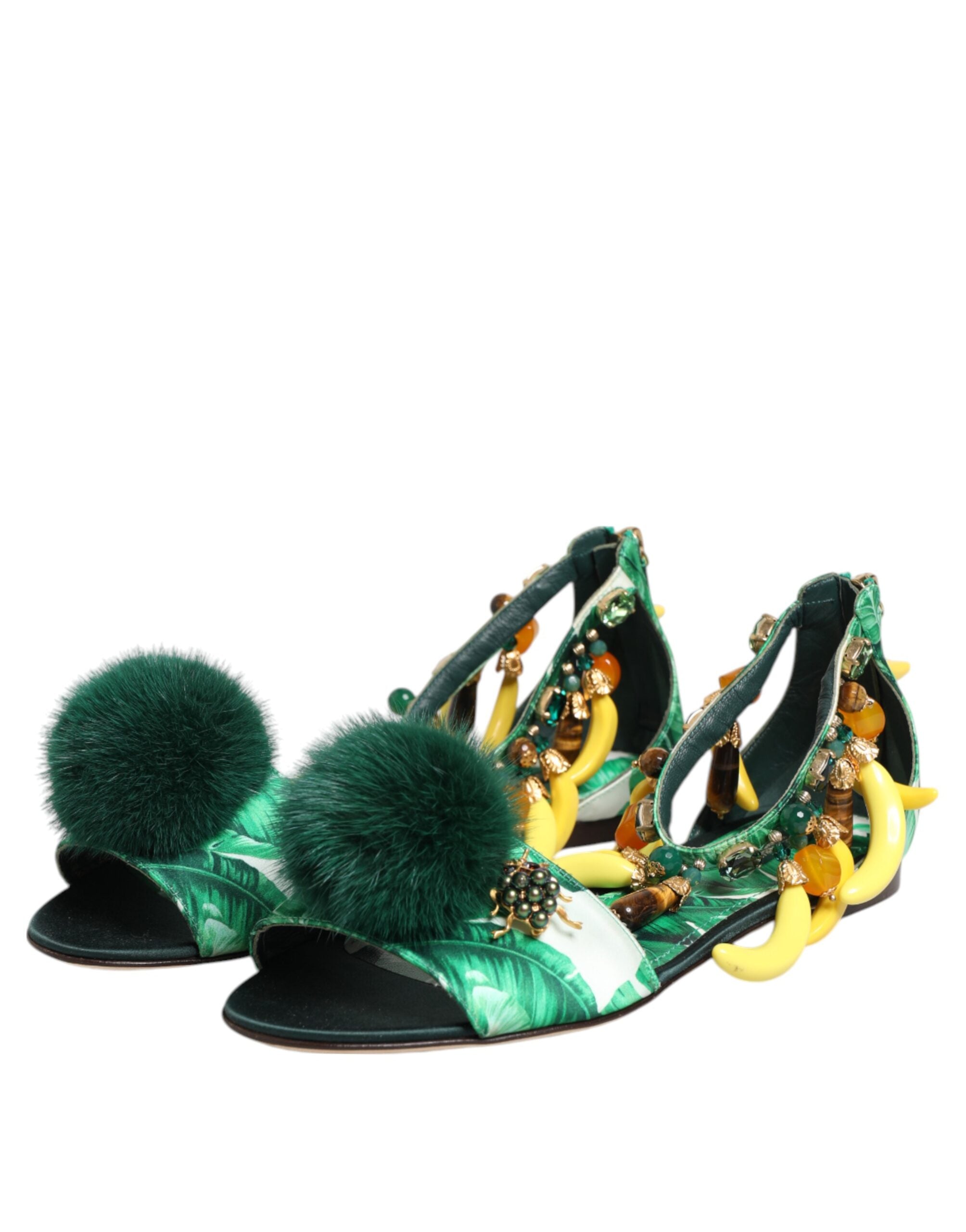 Green Mink Fur Satin Banana Leaf Sandals Shoes