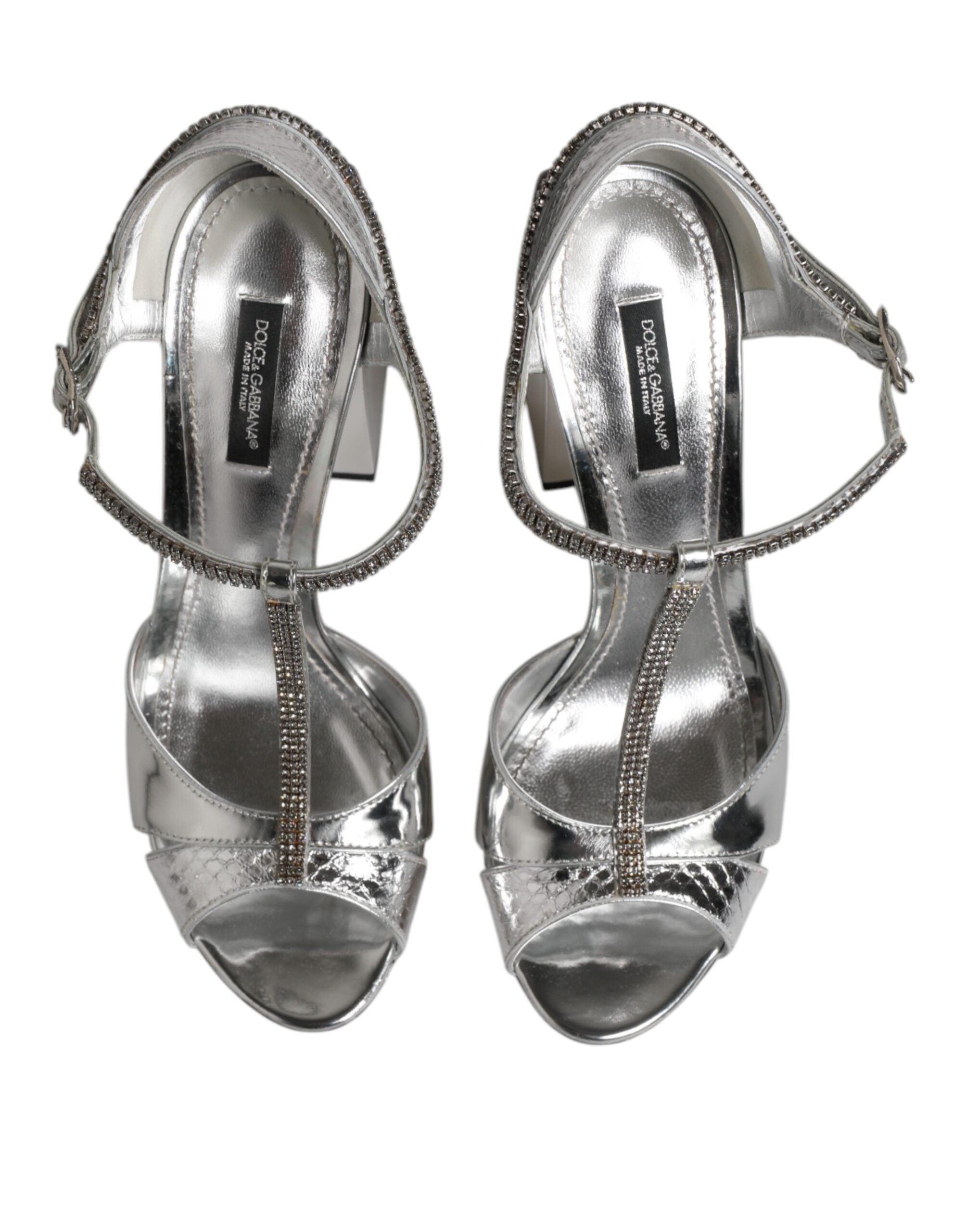 Silver Leather T-strap Heels Sandals Shoes