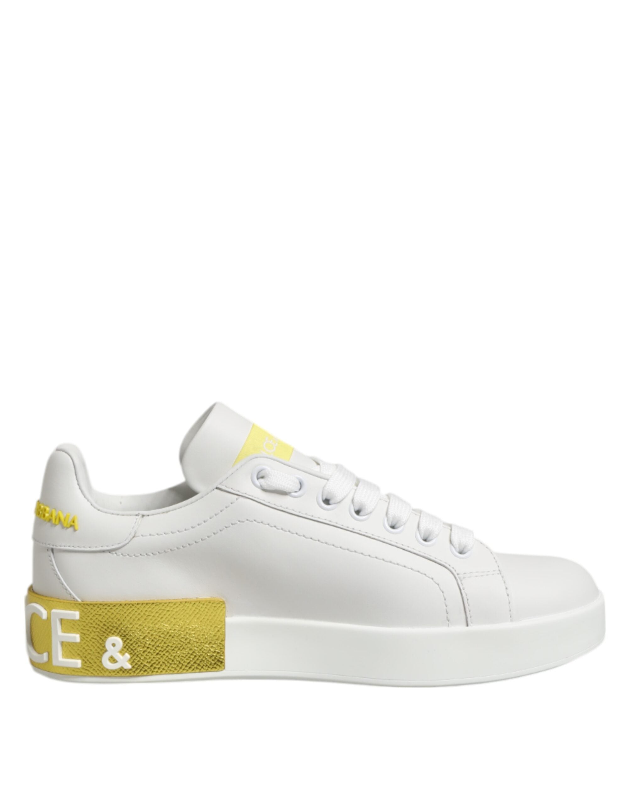 White Yellow Leather Low Top Sneakers Shoes
