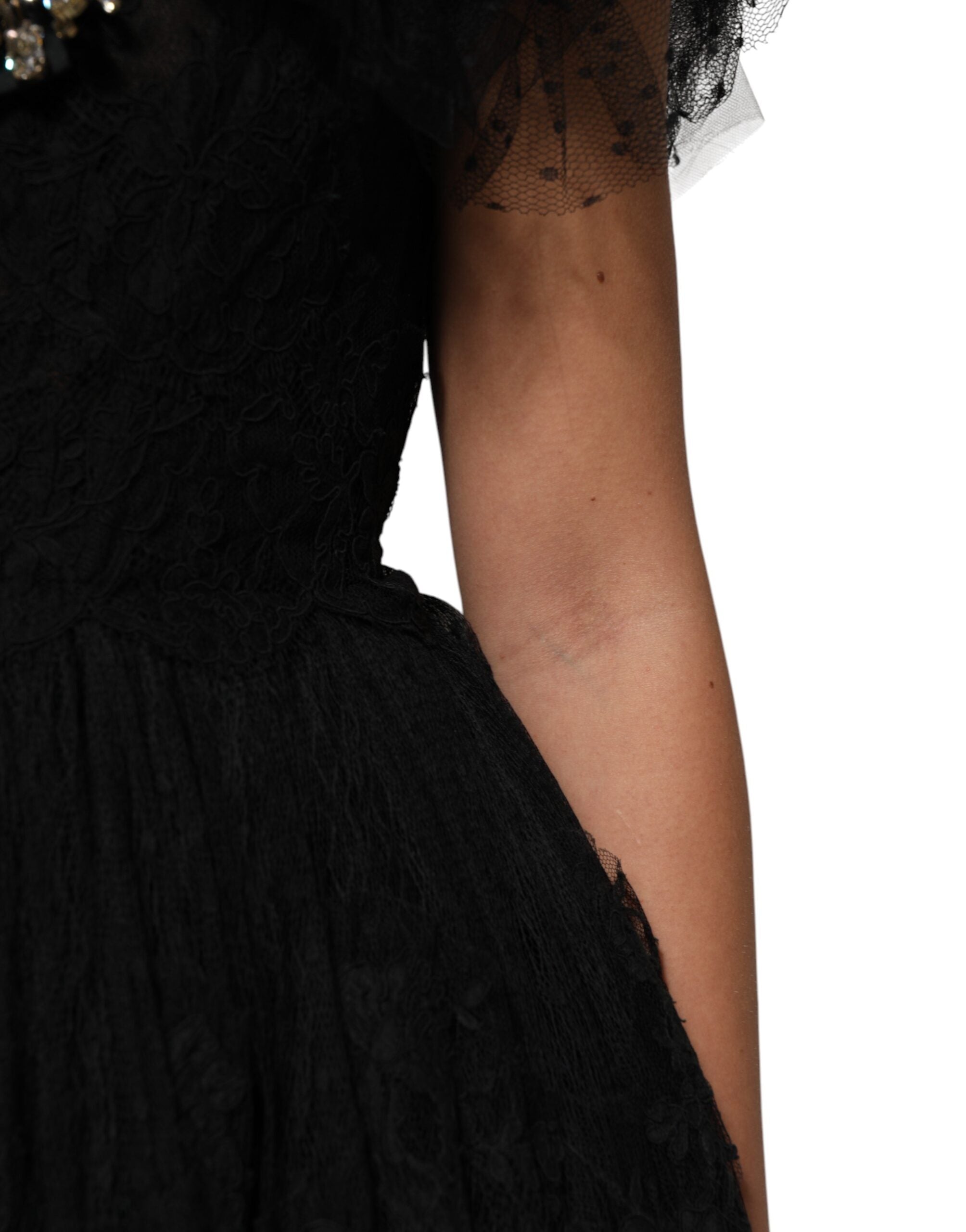 Black Crystal Embellished Midi A-line Dress