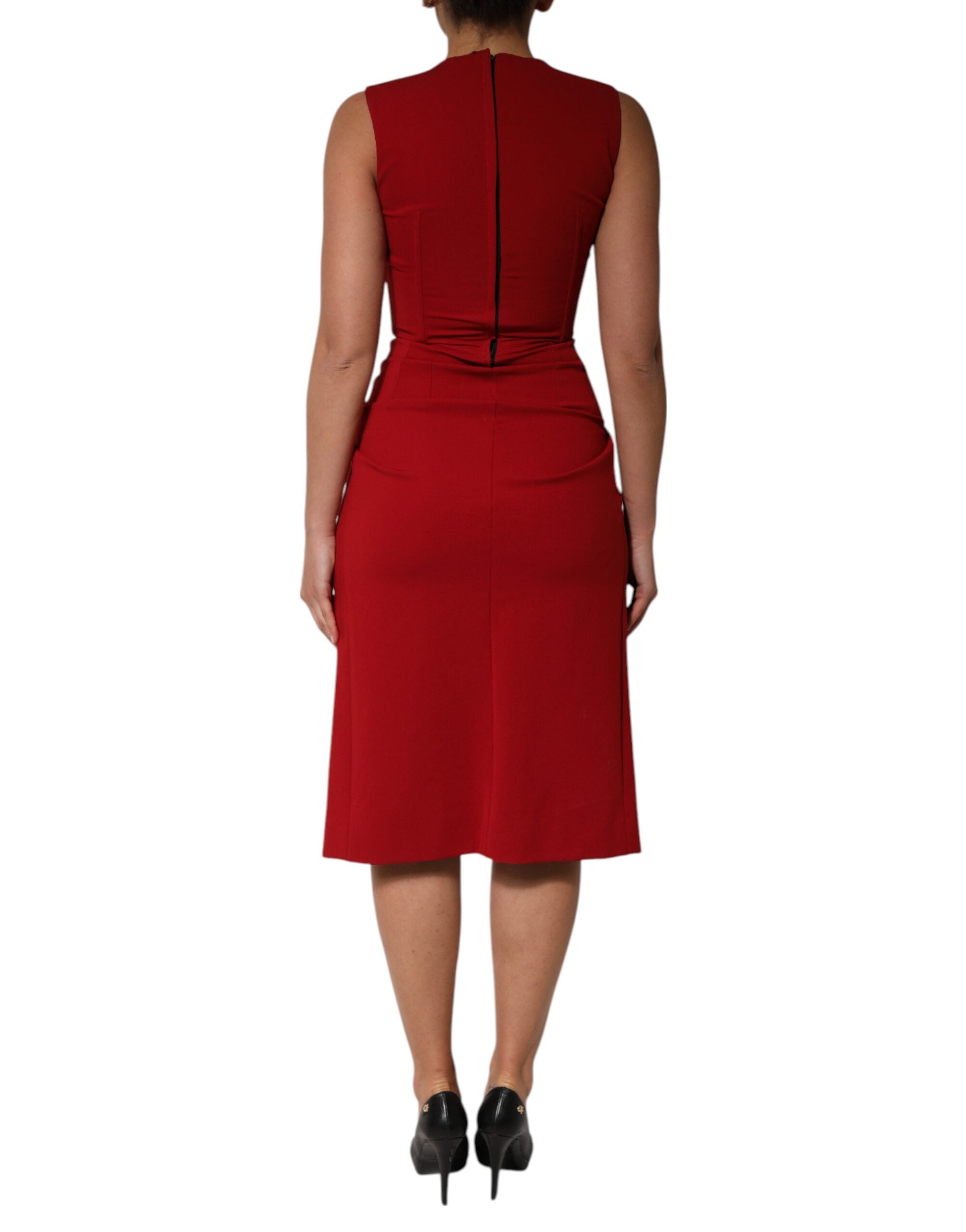 Red Viscose Stretch Slit Sheath Midi Dress