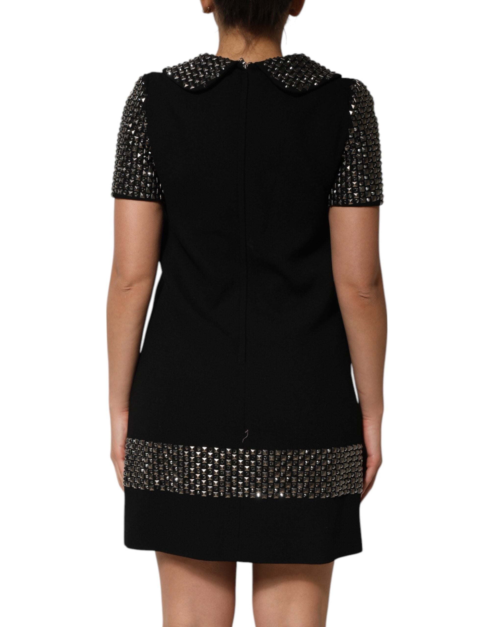 Black Crystal Embellished Collared Mini Dress