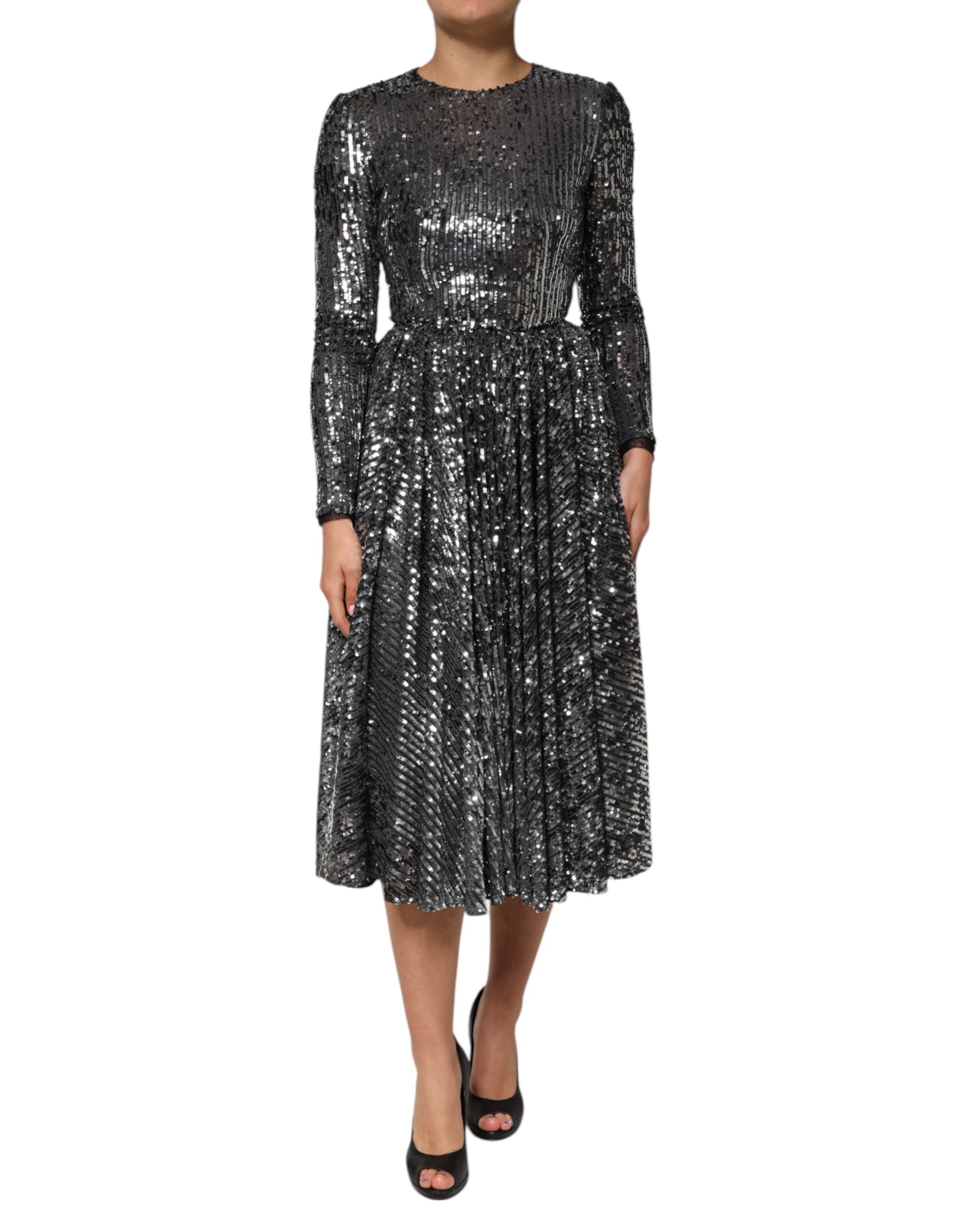Black Sequined Long Sleeves Midi A-line Dress