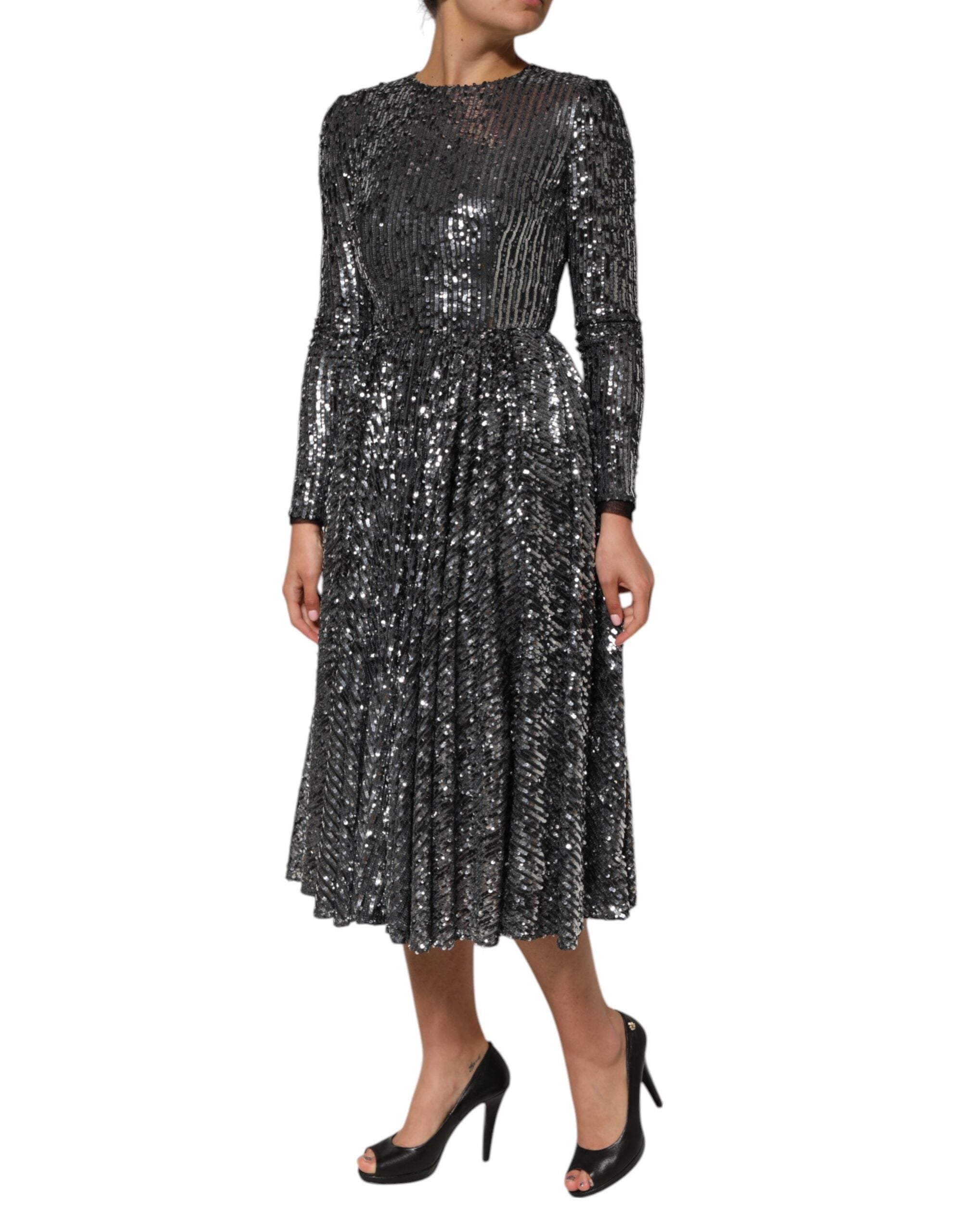 Black Sequined Long Sleeves Midi A-line Dress