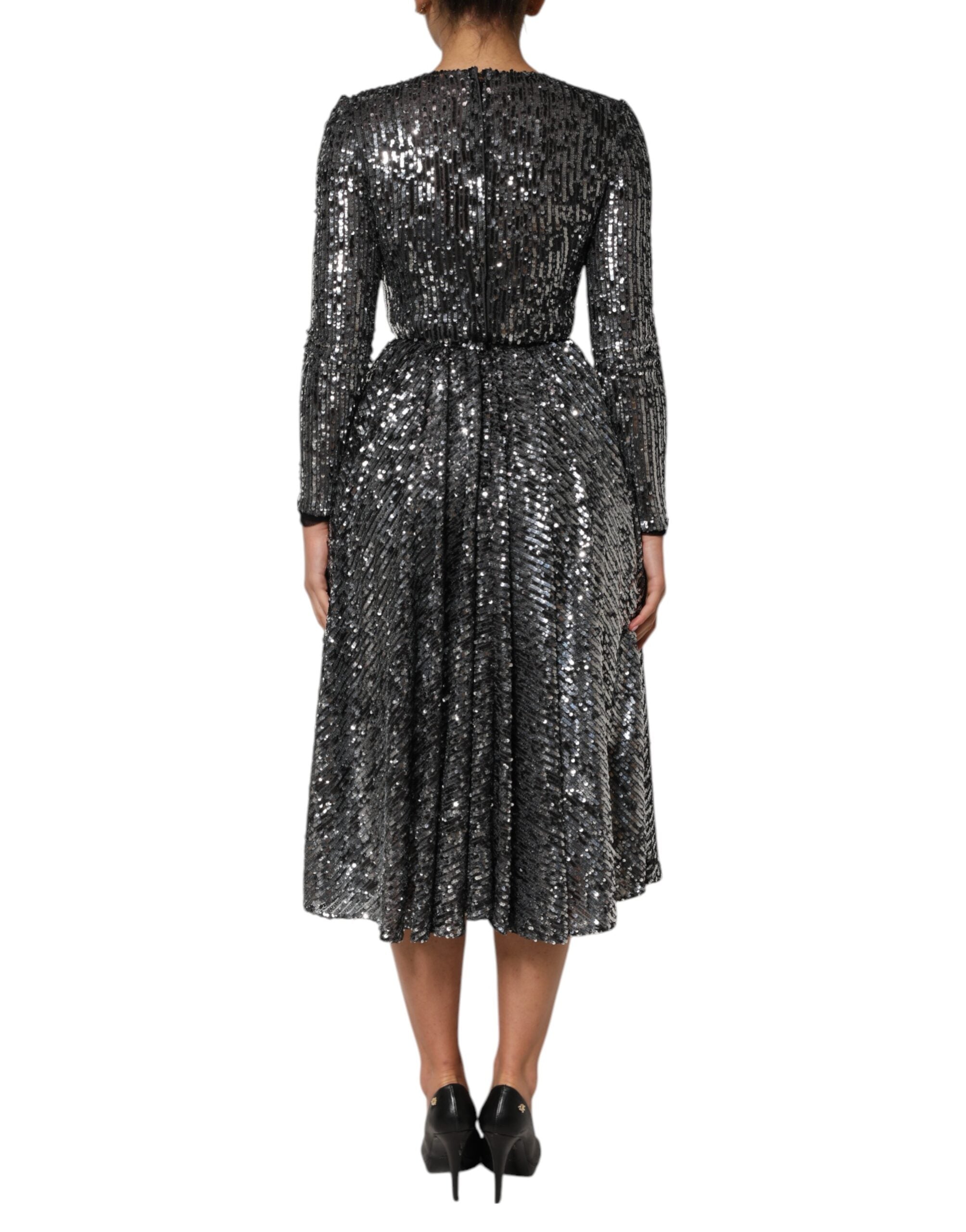 Black Sequined Long Sleeves Midi A-line Dress