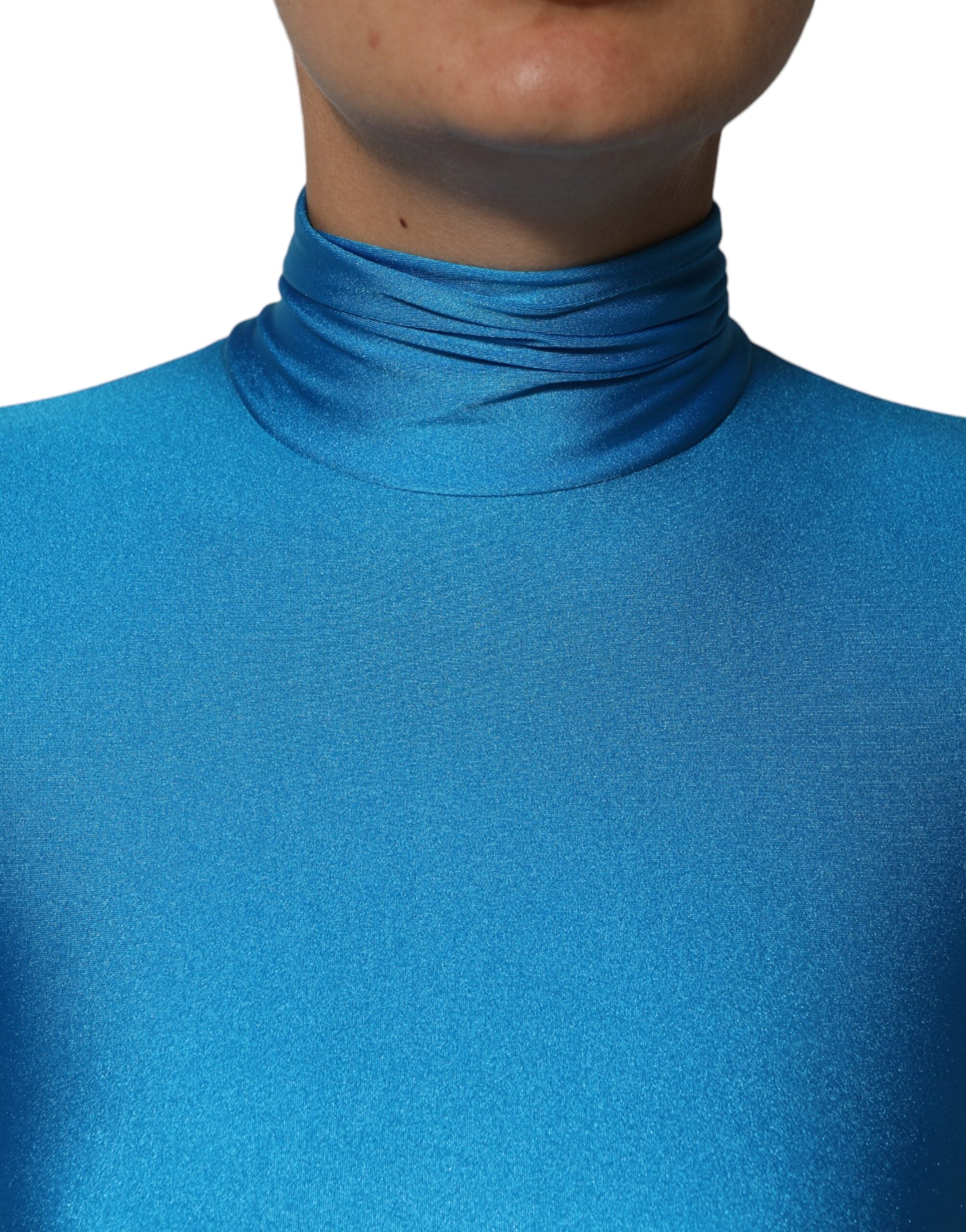 Blue Nylon Turtleneck Bodycon Jumpsuit Dress