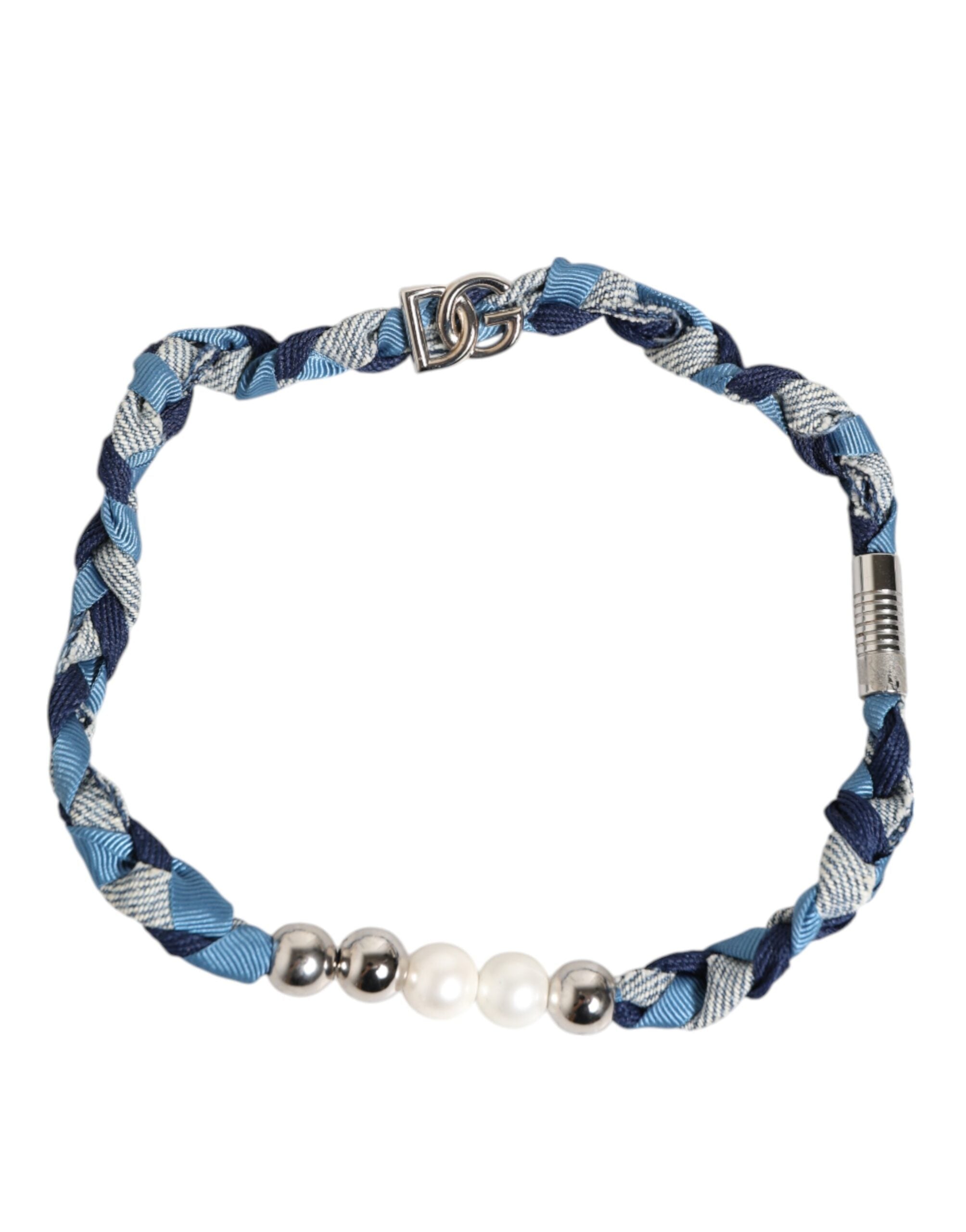 Blue White Braided Silver Metal Logo Beaded Men Bracelet