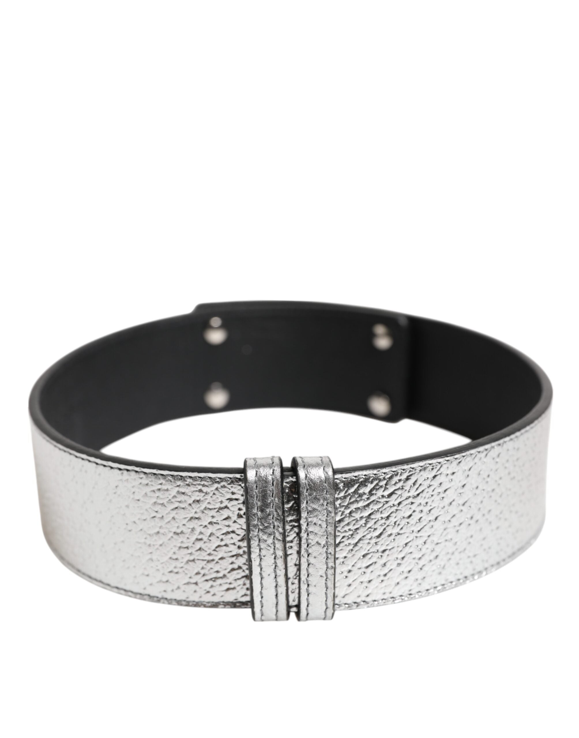 Silver Textured Leather Gold Tone Metal Neckband