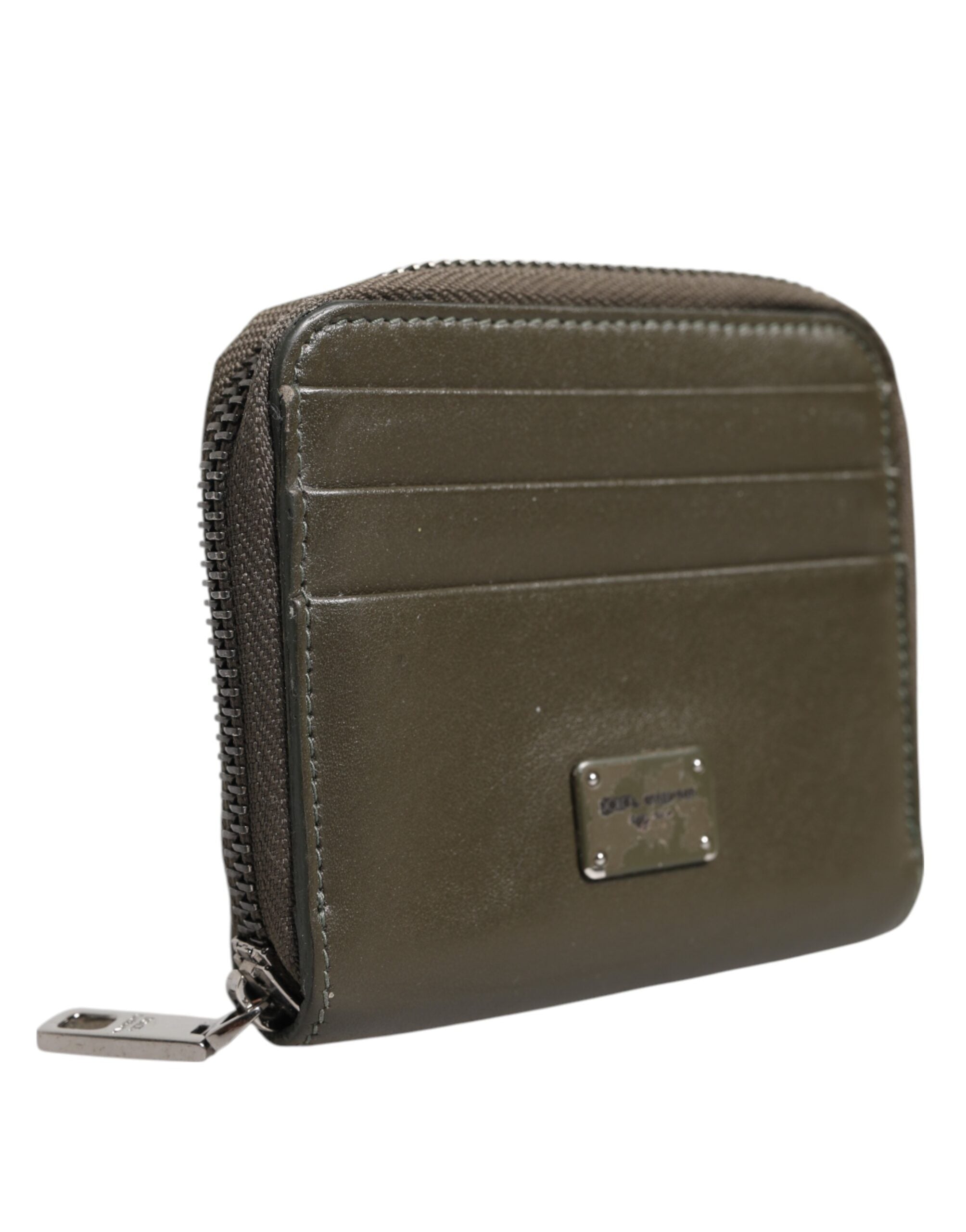 Brown Leather Logo Plaque Card Holder Coin Purse Wallet