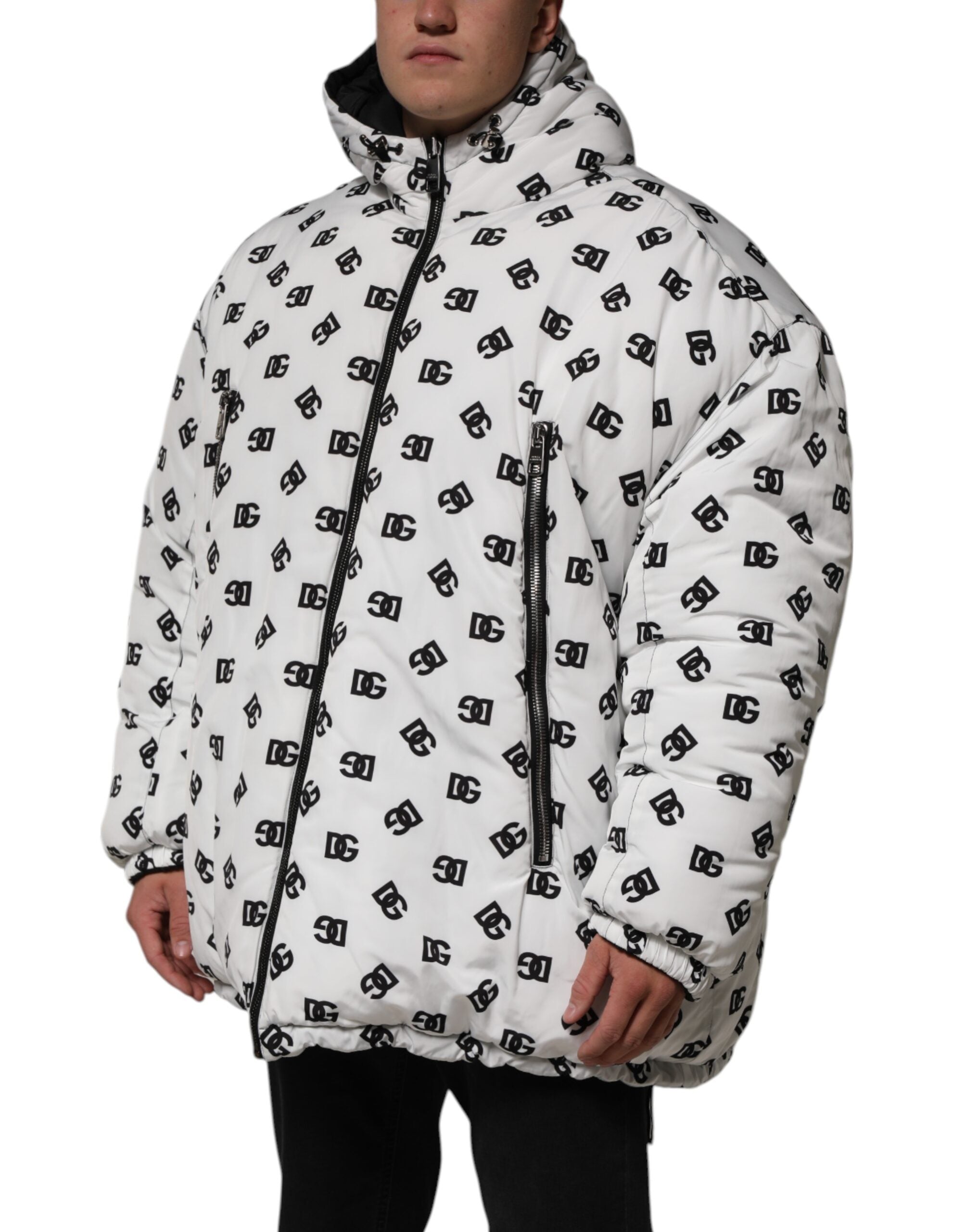 White DG Monogram Hooded Puffer Jacket