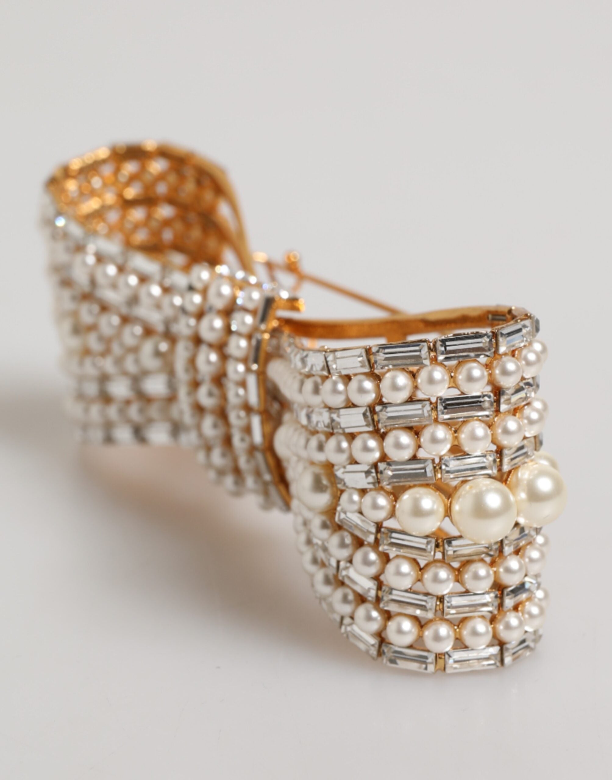 Gold Tone Brass Bow Crystal FauxPearl Embellished Brooch