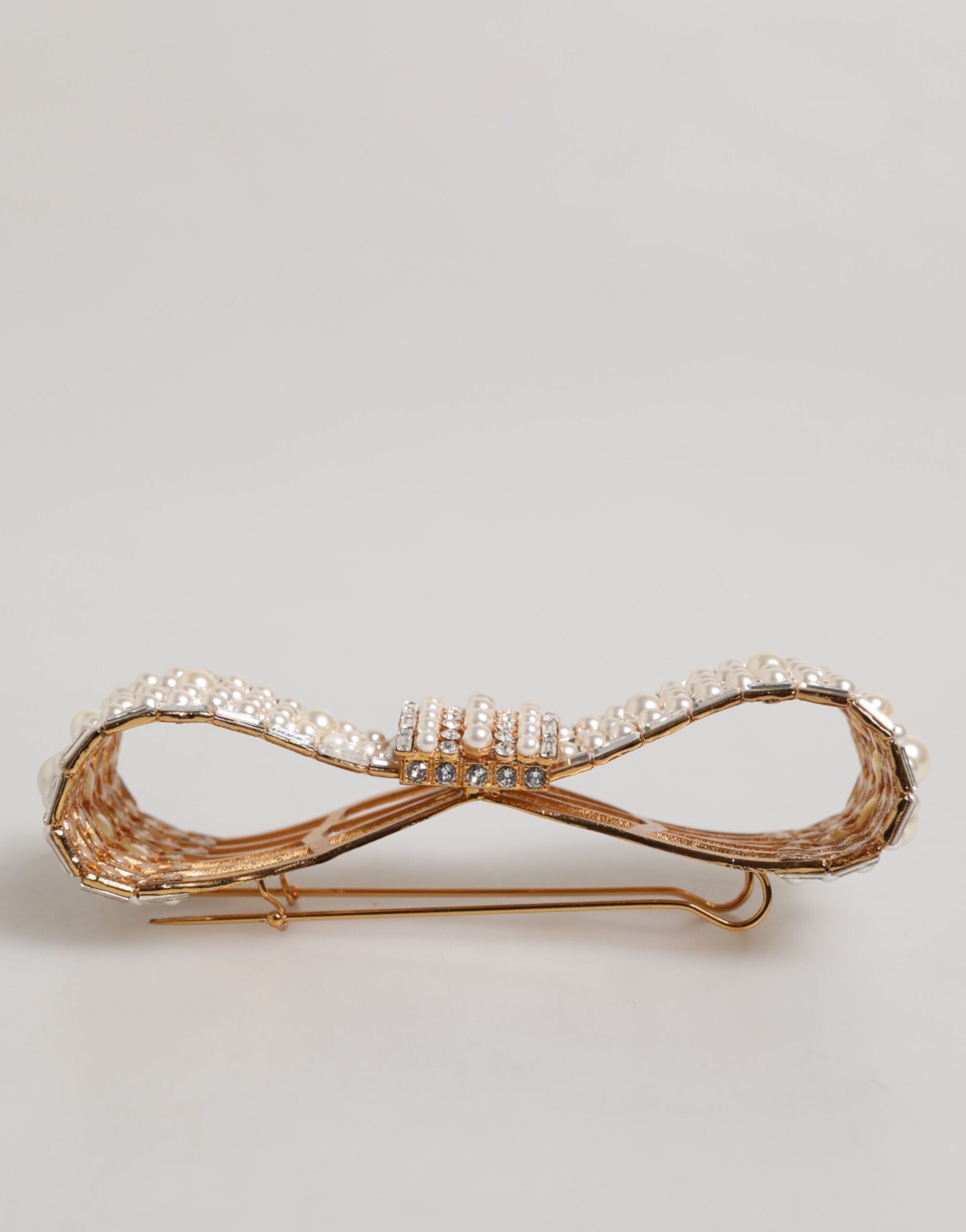Gold Tone Brass Bow Crystal FauxPearl Embellished Brooch