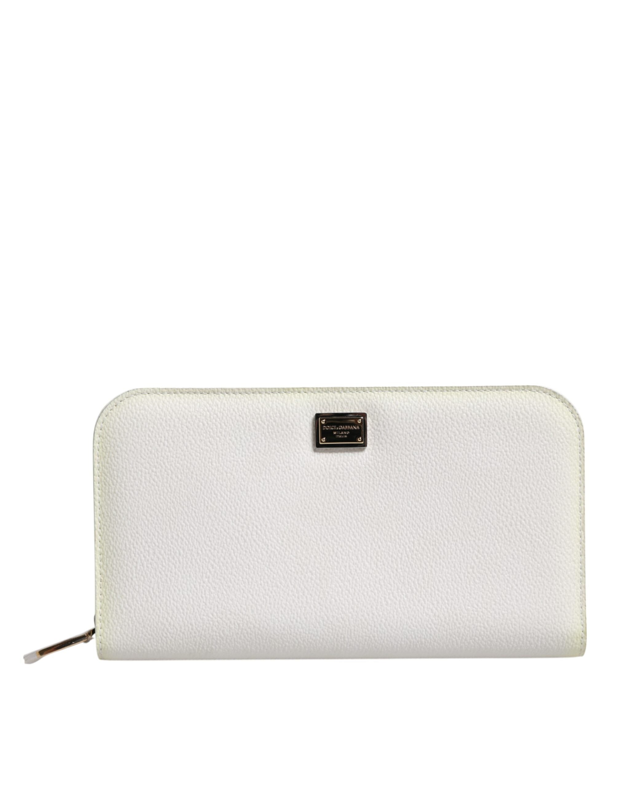 White Leather Logo Plaque Zip Around Continental Wallet