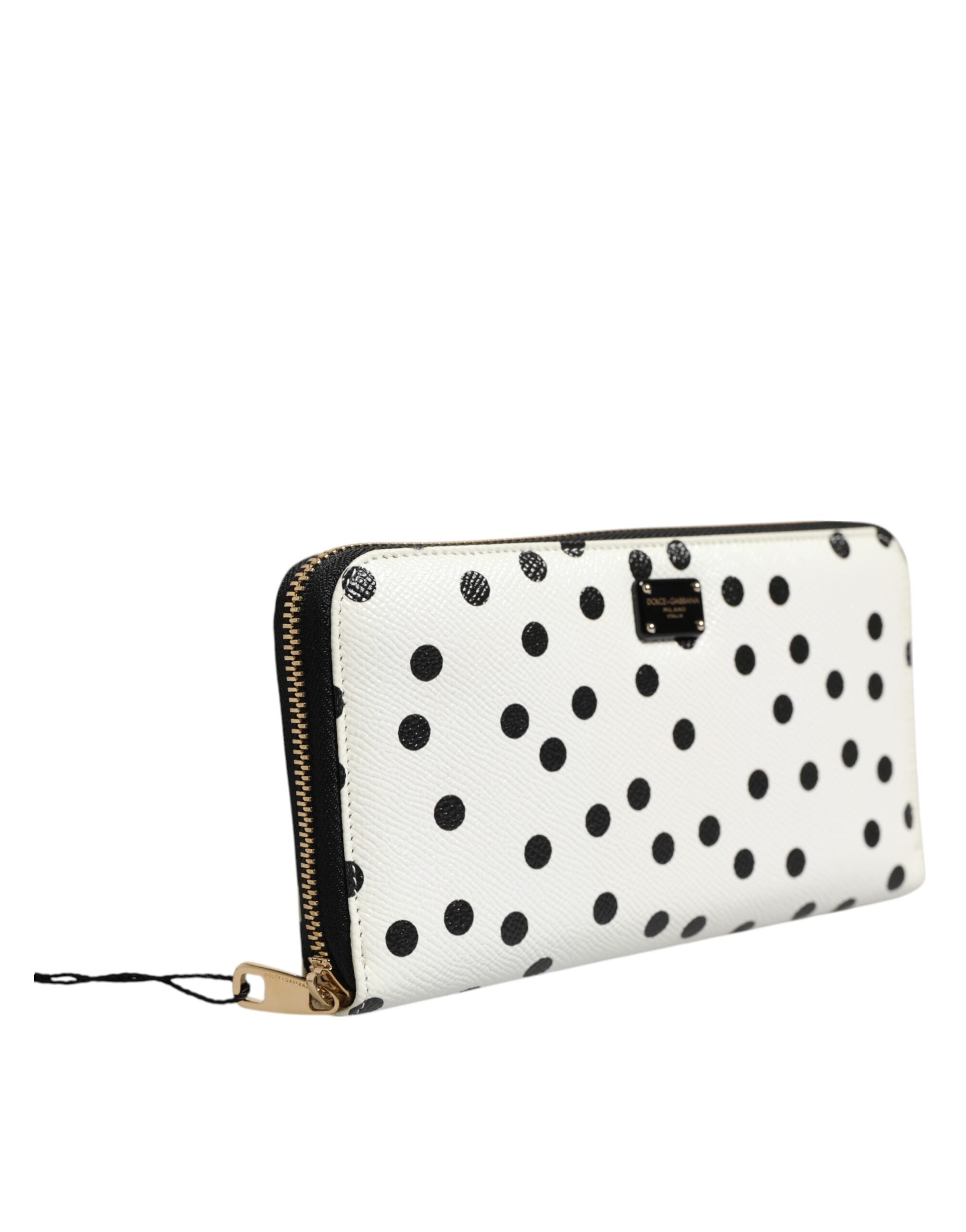 White Black Dotted Leather Zip Around Continental Wallet