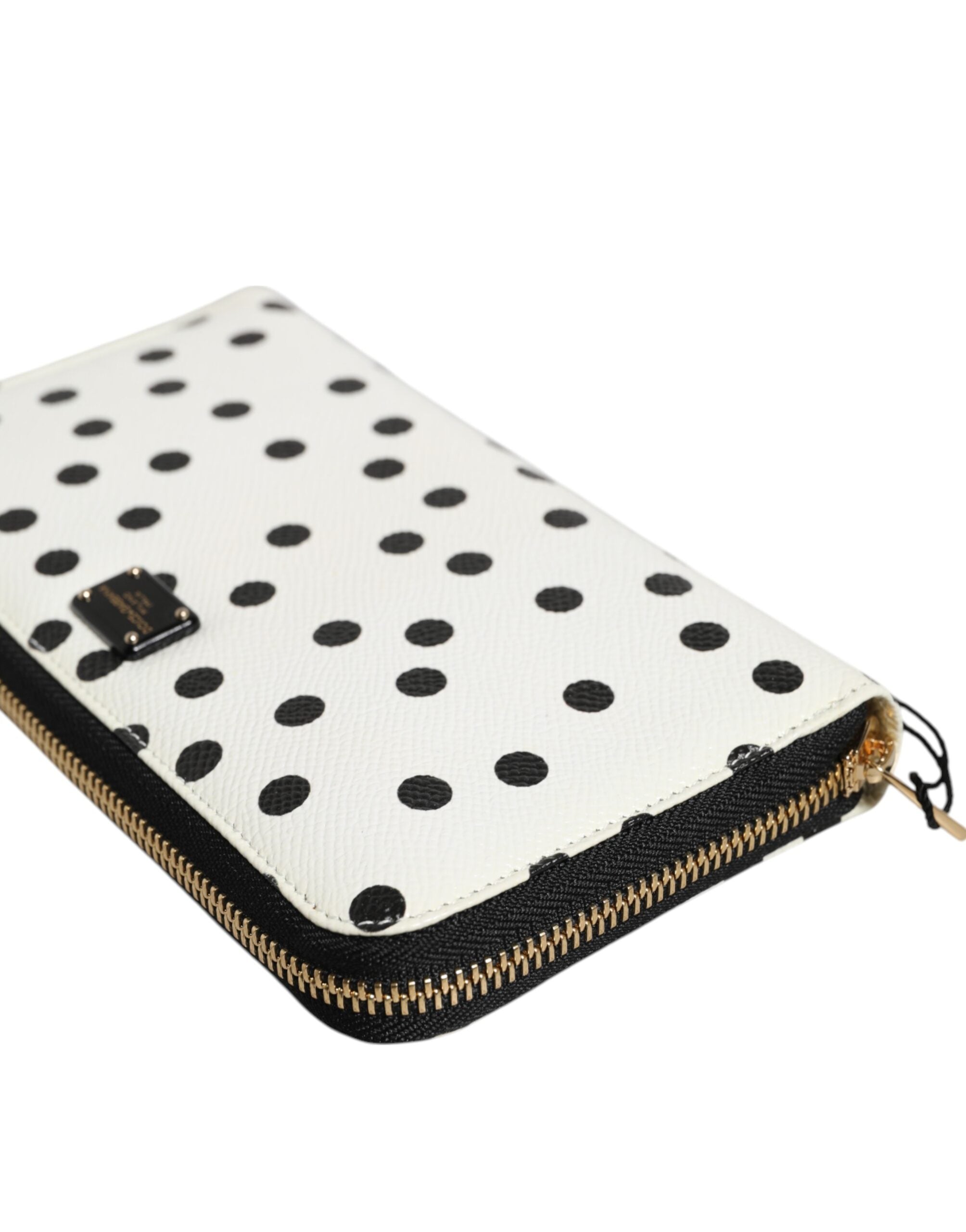 White Black Dotted Leather Zip Around Continental Wallet