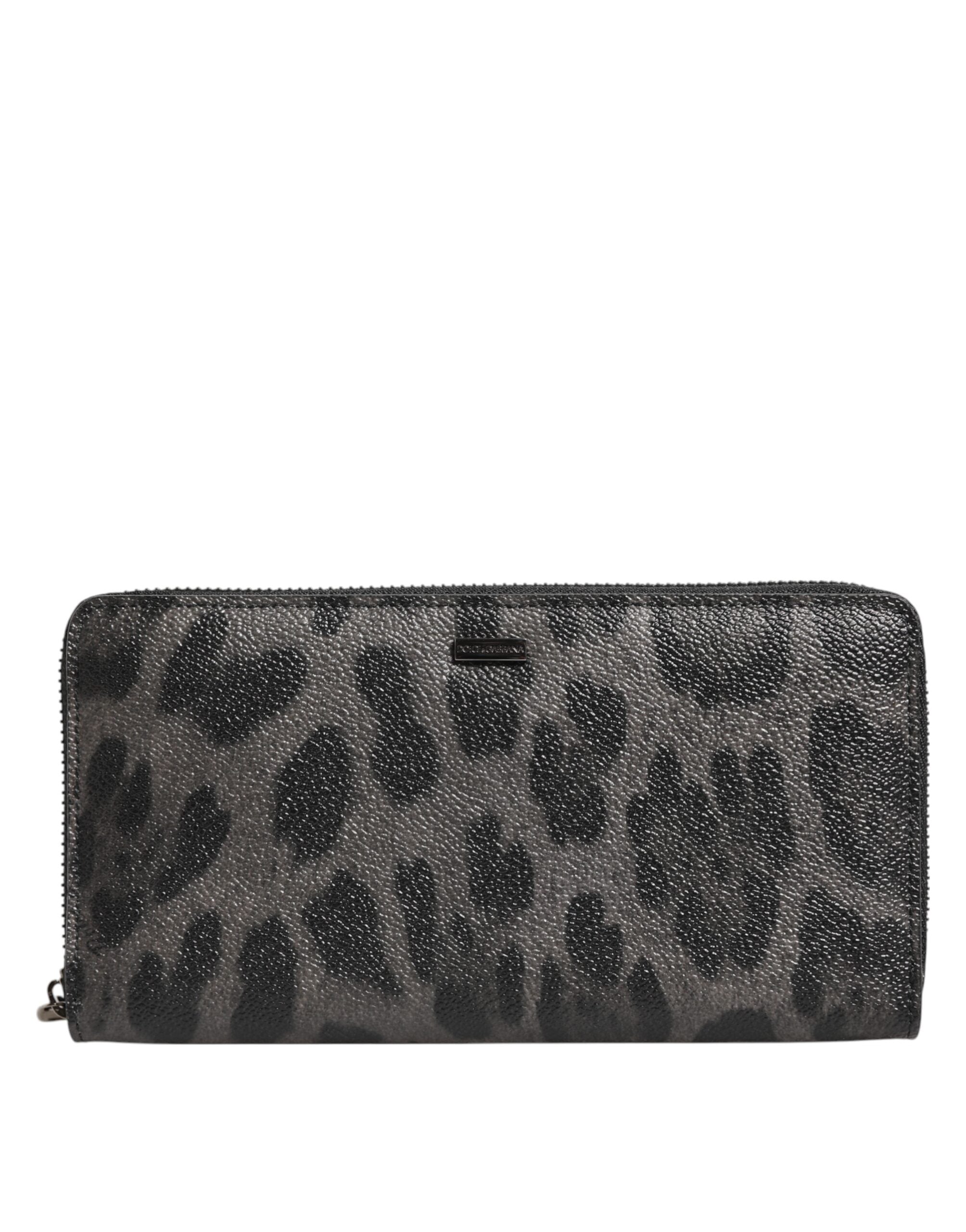 Black Gray Leopard Leather Zip Around Continental Wallet