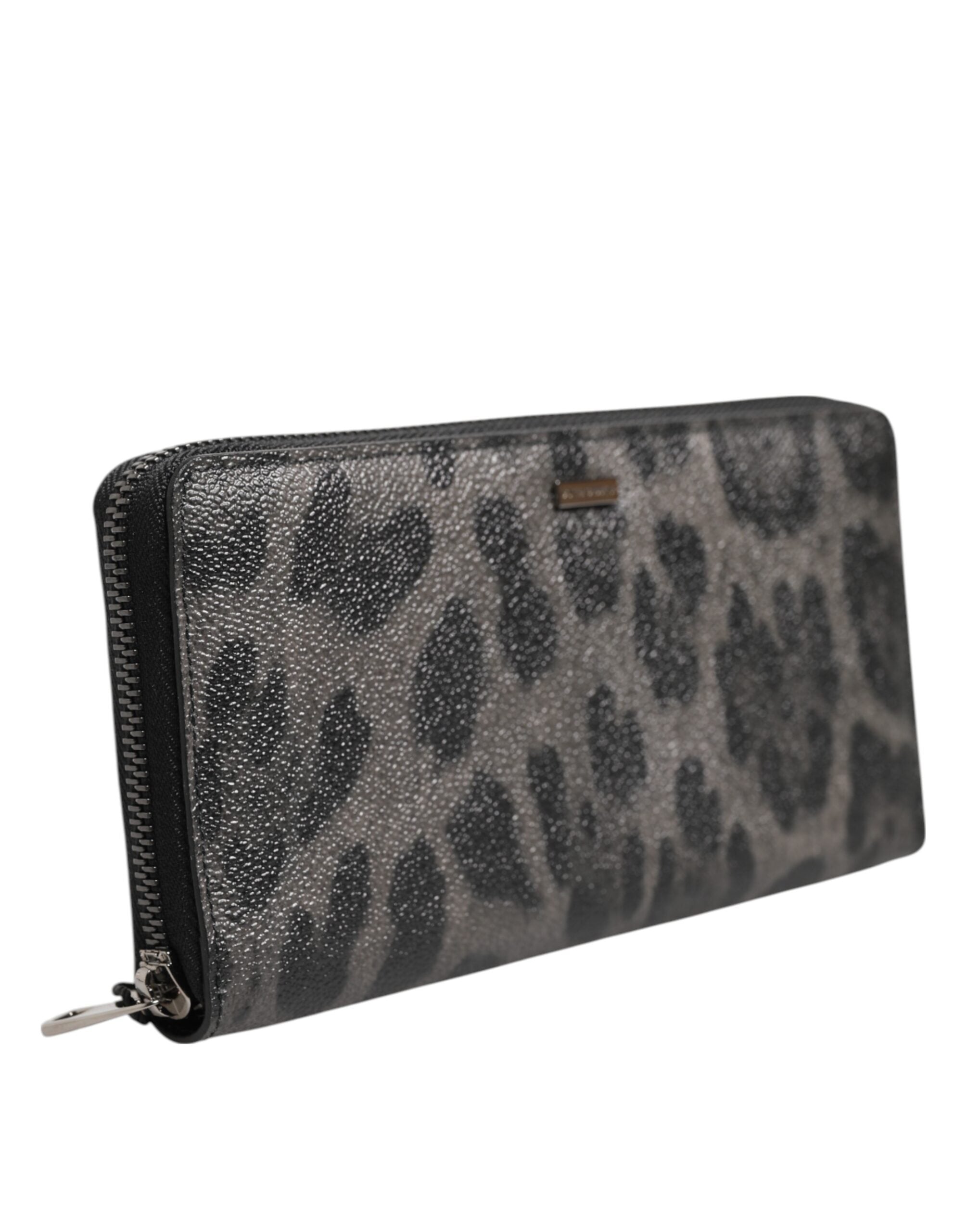Black Gray Leopard Leather Zip Around Continental Wallet
