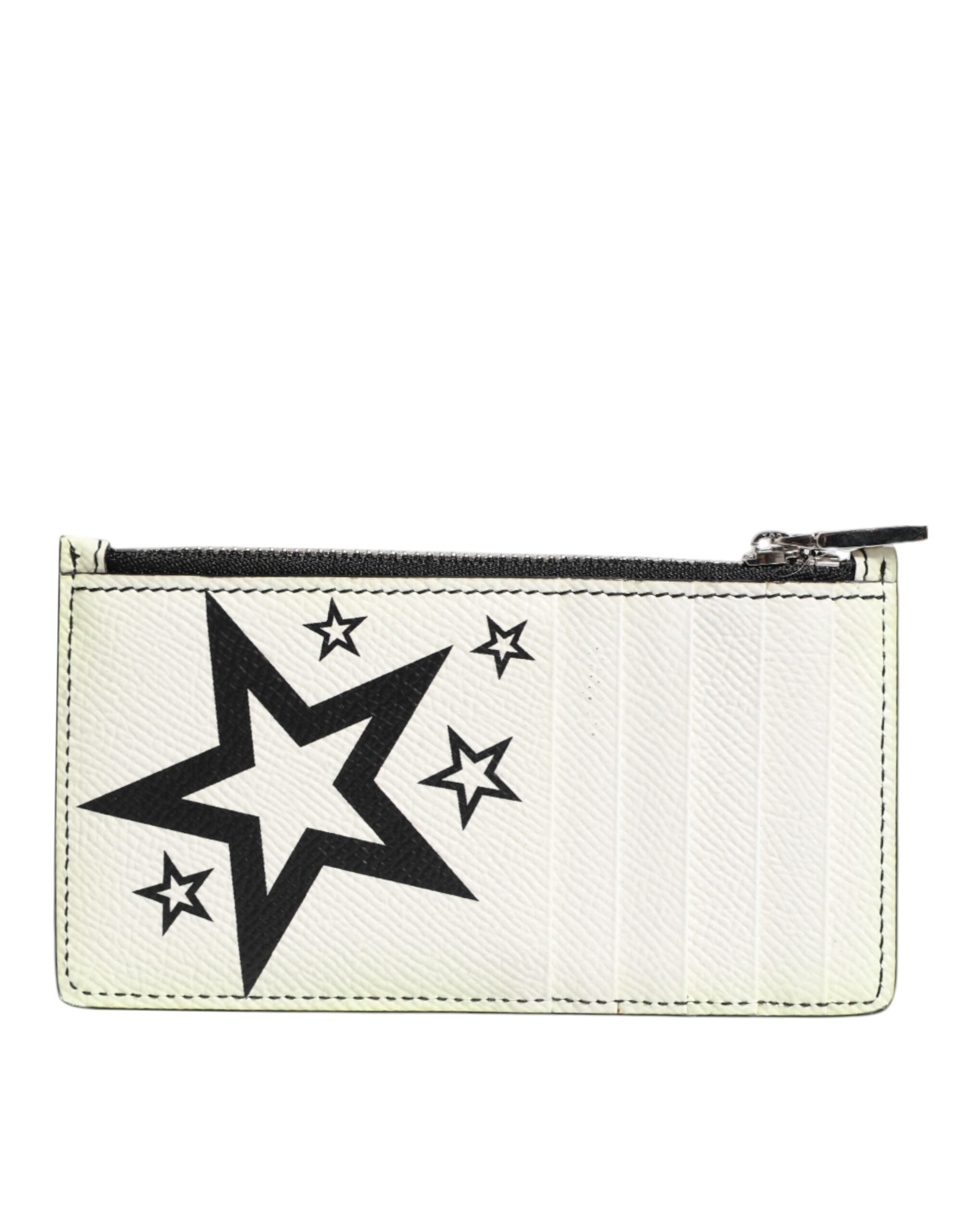 White Leather Douphin DG Logo Star Print Card Holder Wallet