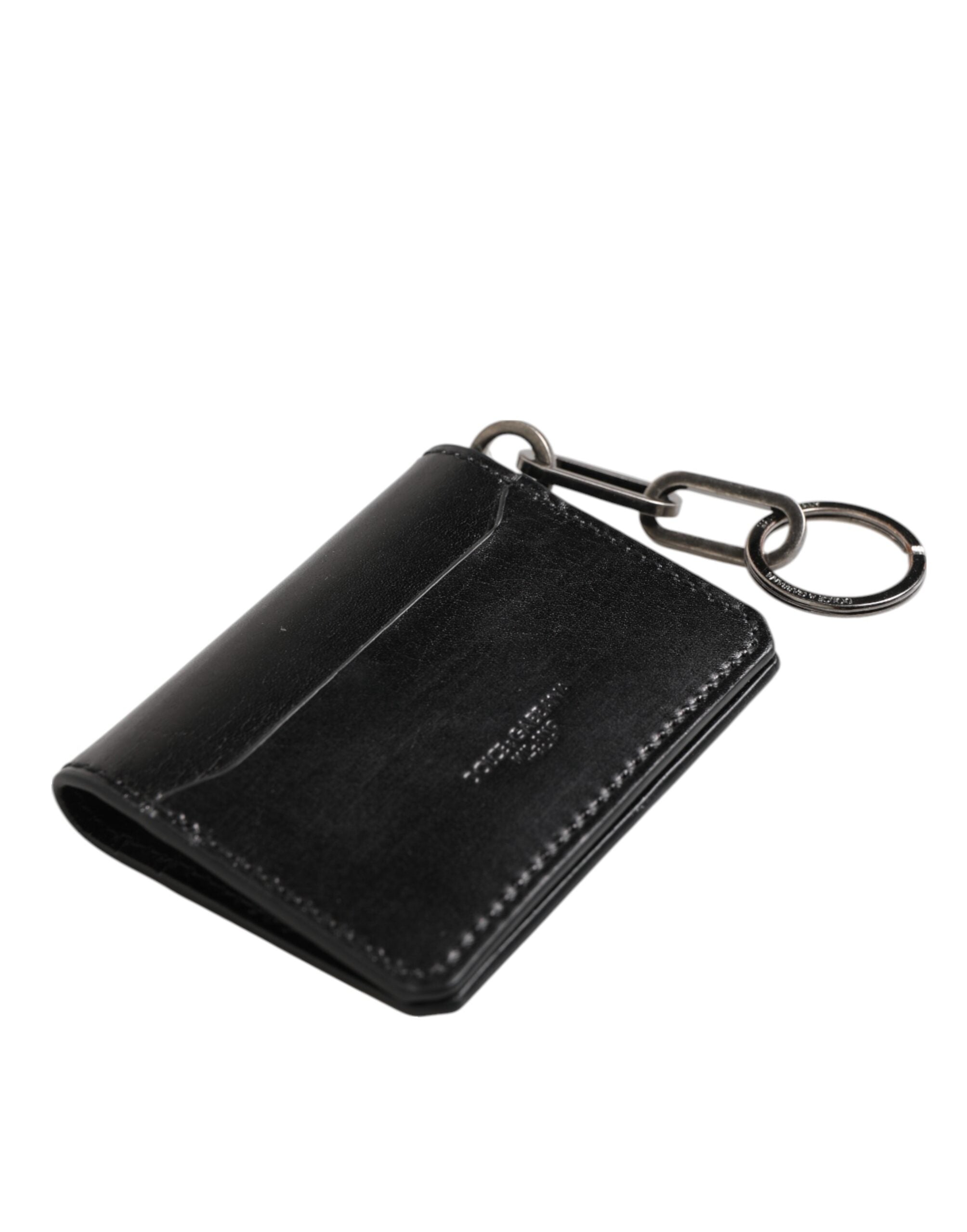 Black Leather Logo Embossed Key Chain Card Holder Wallet