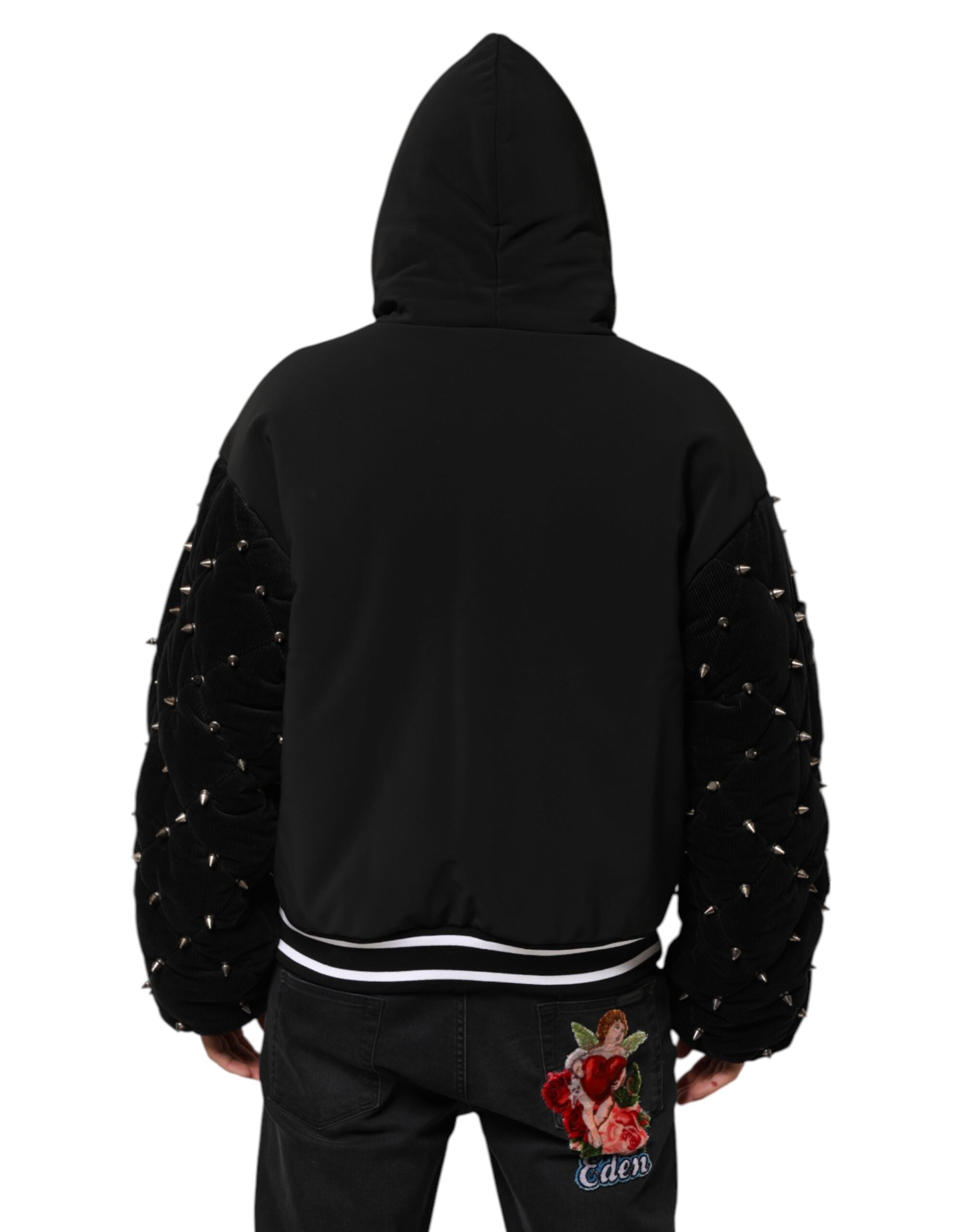 Black Cotton Quilted Studded Sleeve Hoodie Jacket