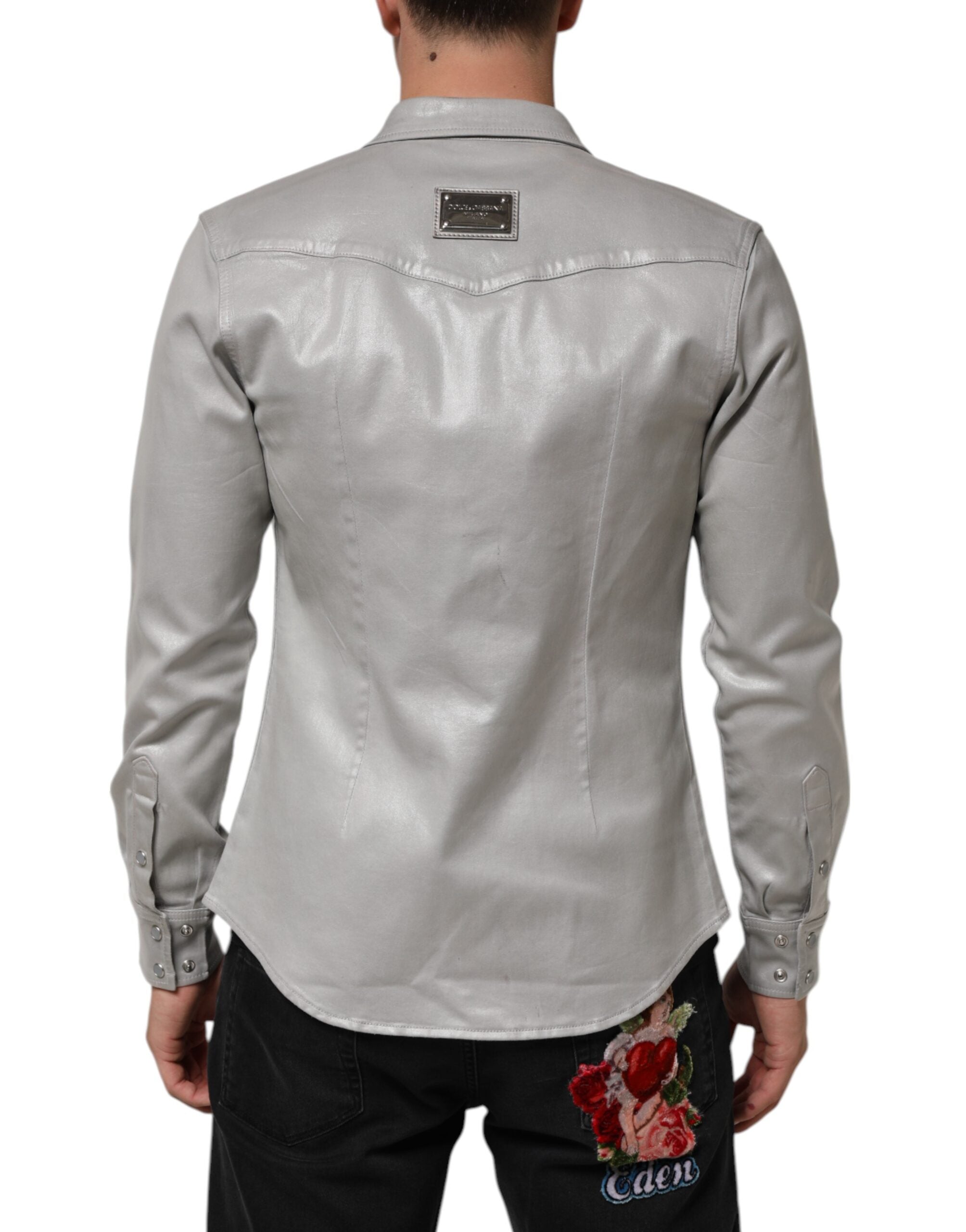 Gray Coated Cotton Snap Button Logo Men Shirt