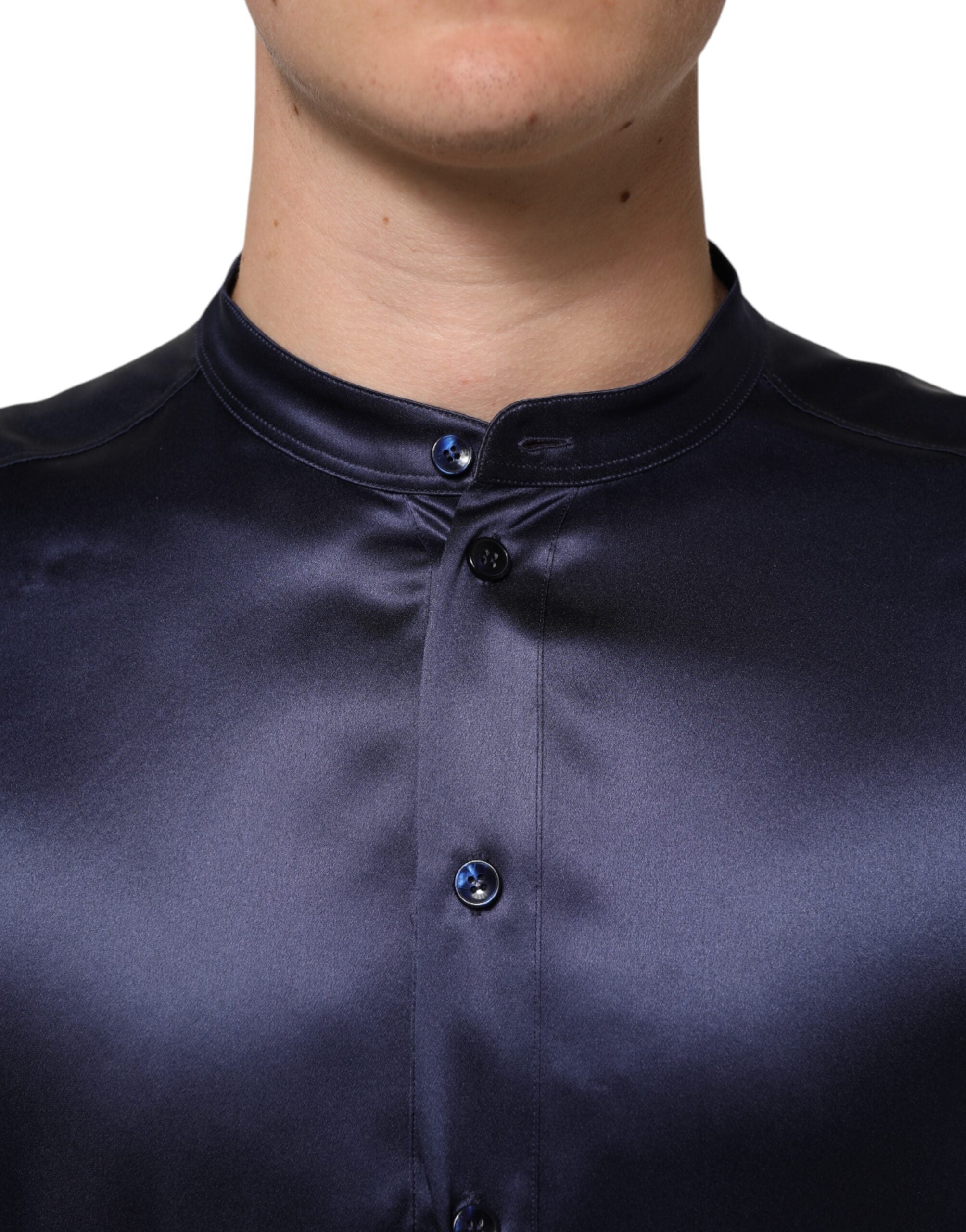 Navy Silk Long Sleeve Mandarin Collar Shirt