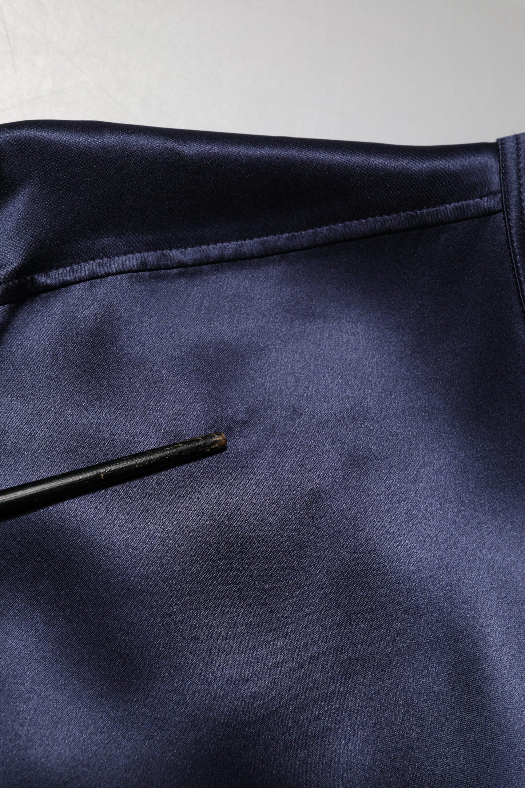 Navy Silk Long Sleeve Mandarin Collar Shirt