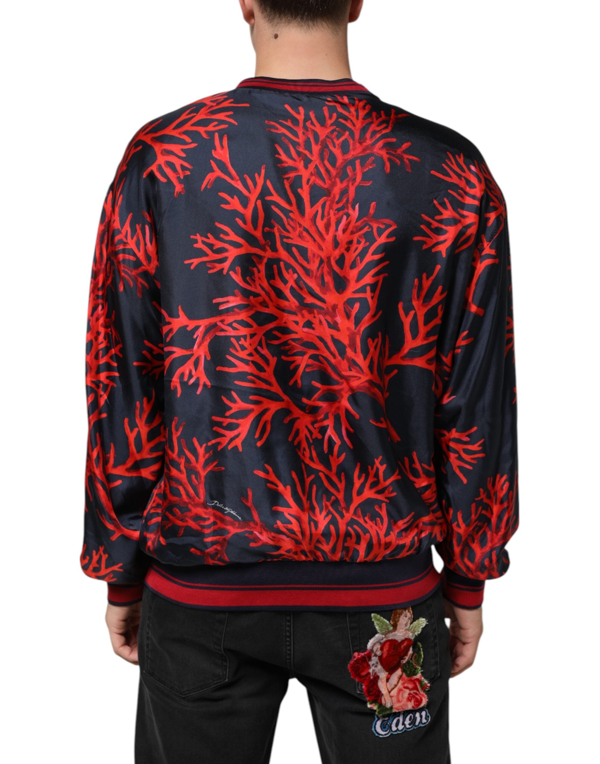 Silk Navy Red Coral Print Pullover Sweater