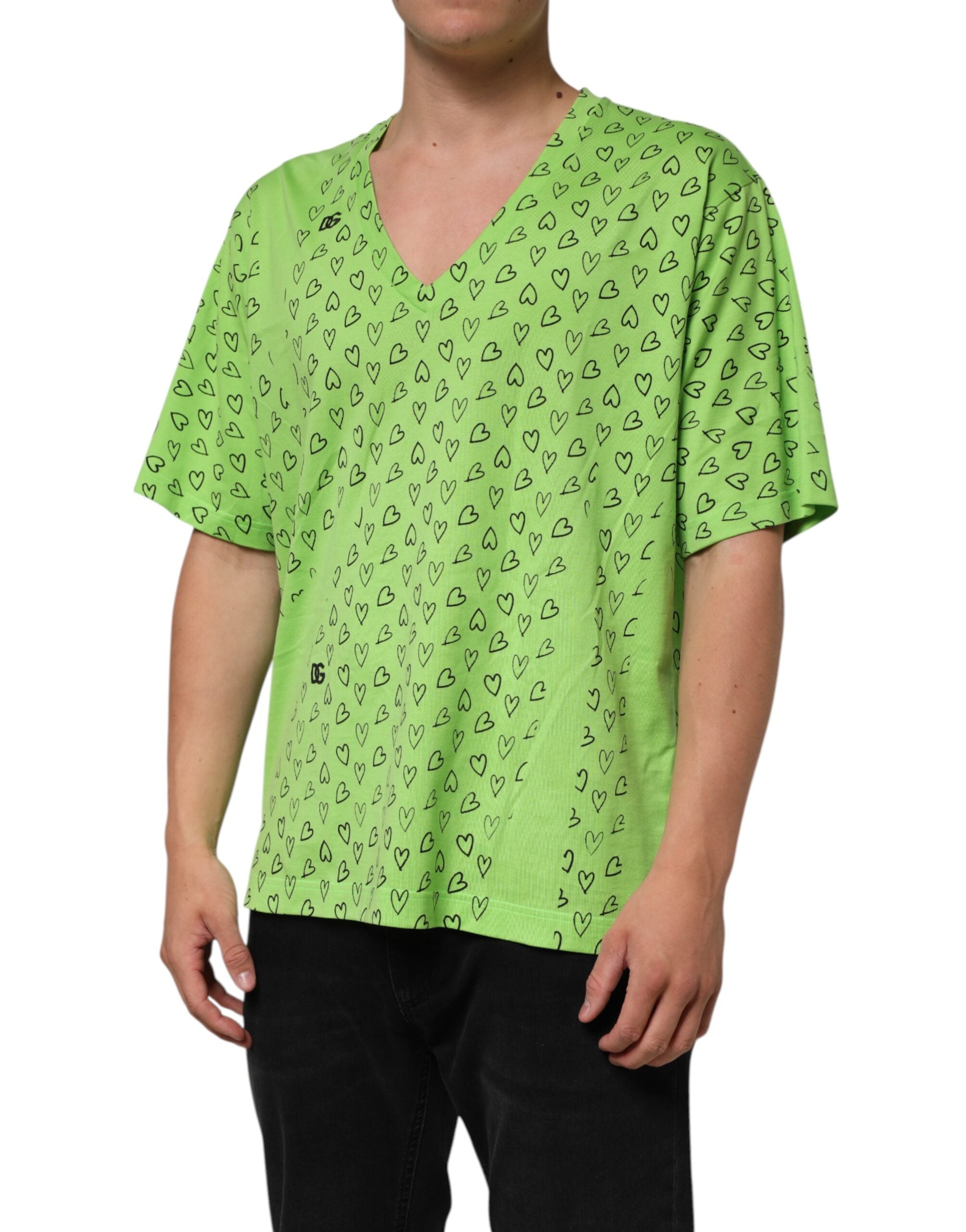Green V-Neck DG Logo Heart Print T-shirt