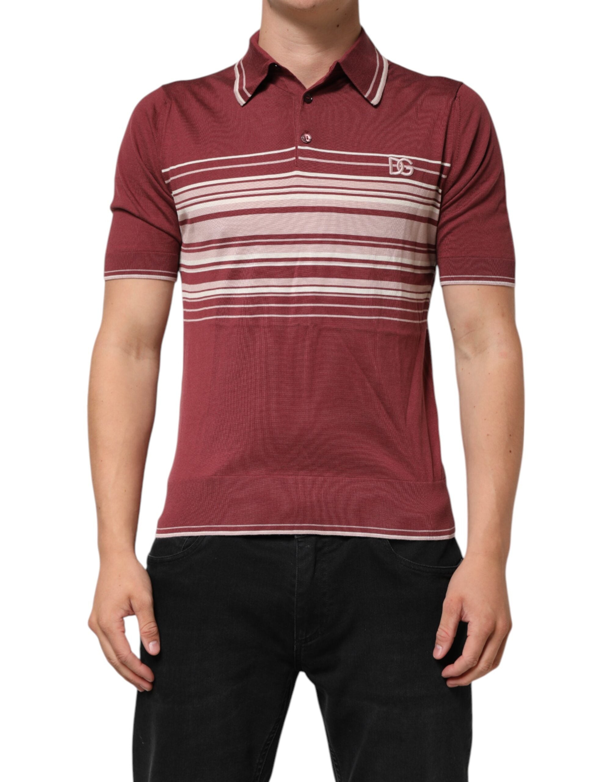 Cotton Burgundy Striped DG Logo Polo T-shirt