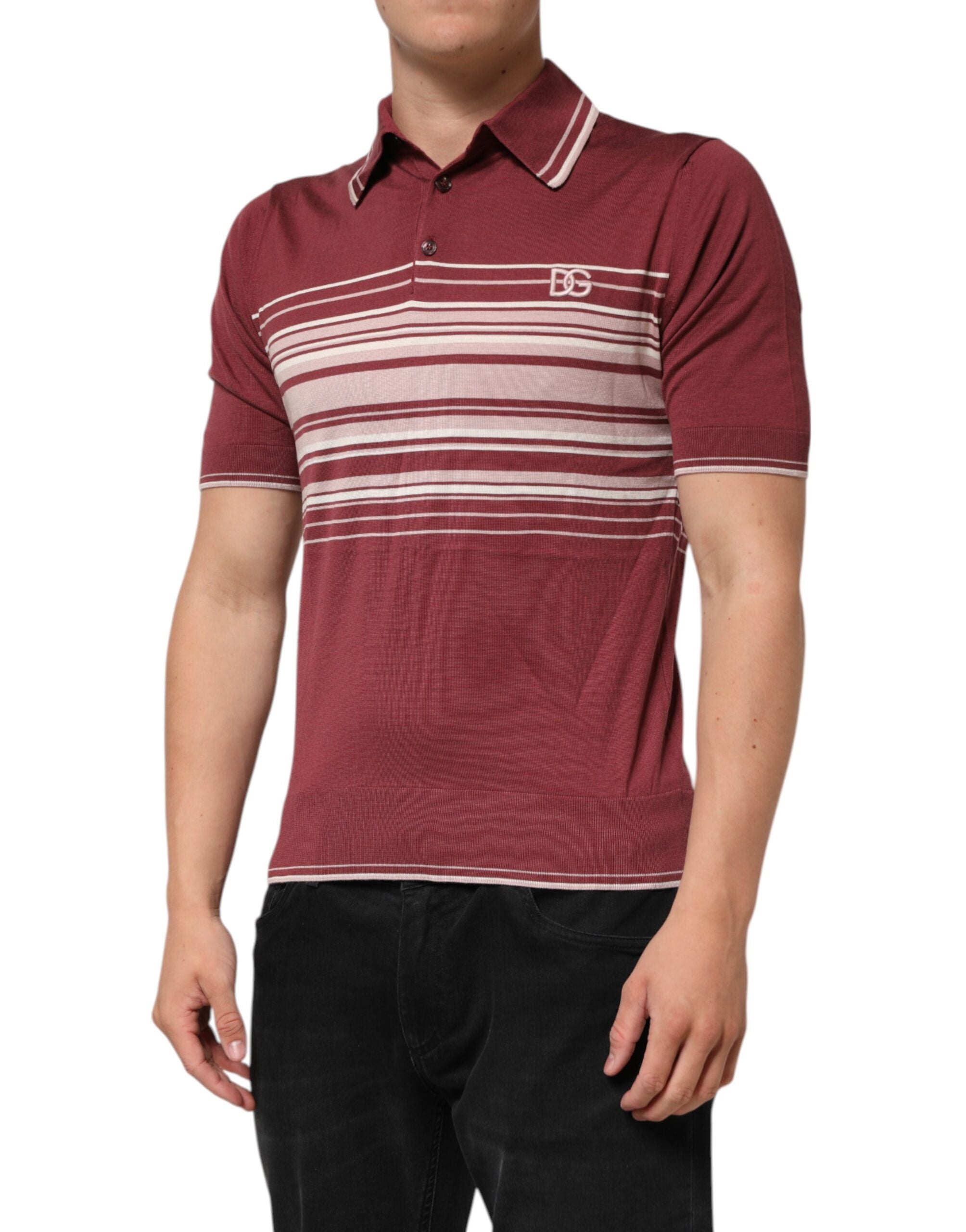 Cotton Burgundy Striped DG Logo Polo T-shirt