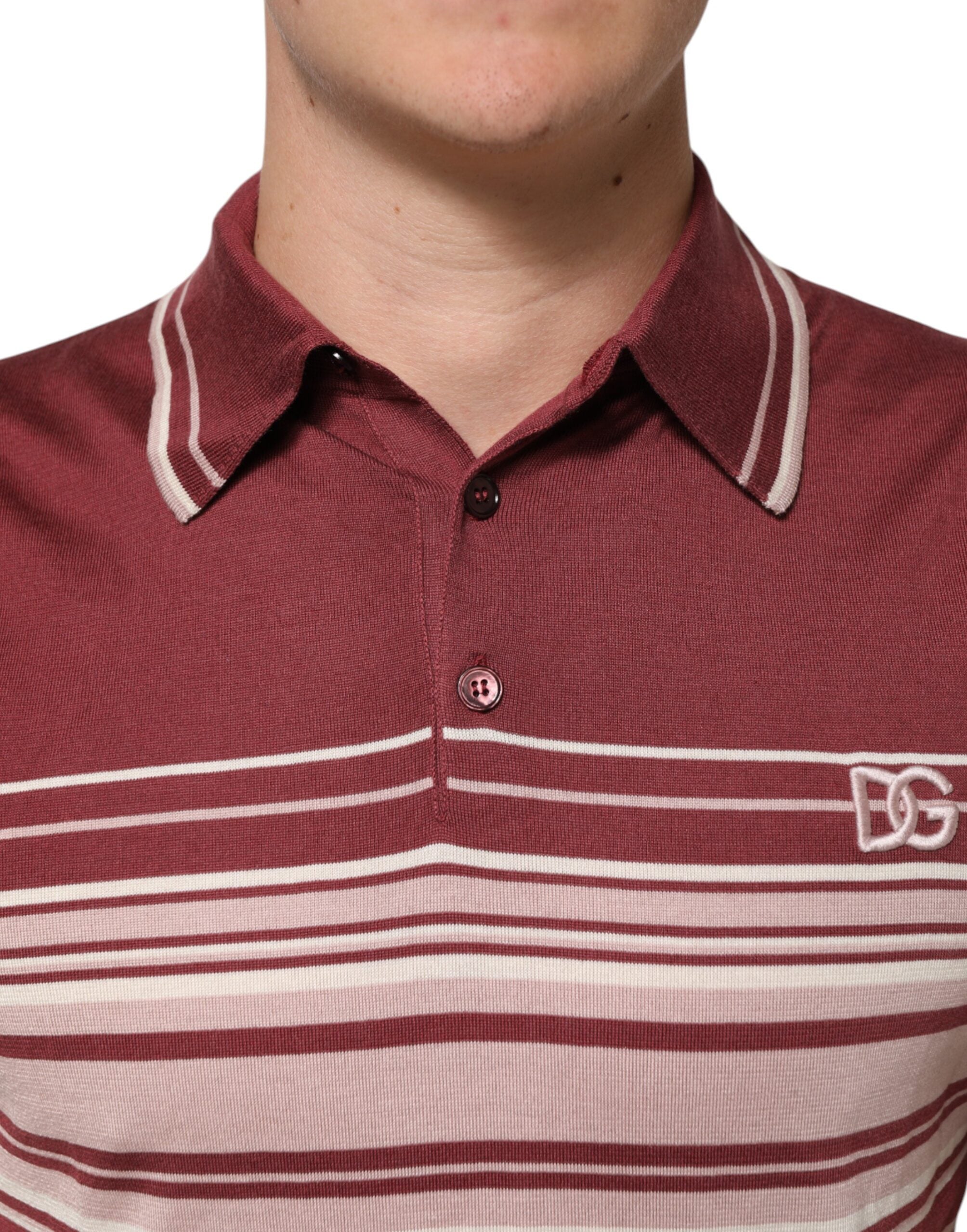 Cotton Burgundy Striped DG Logo Polo T-shirt
