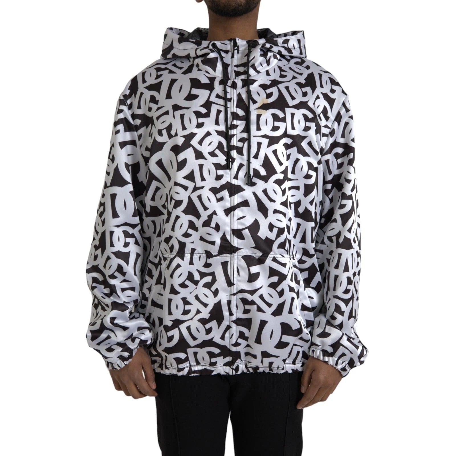 White Black Logo Hooded Full Zip Bomber Jacket