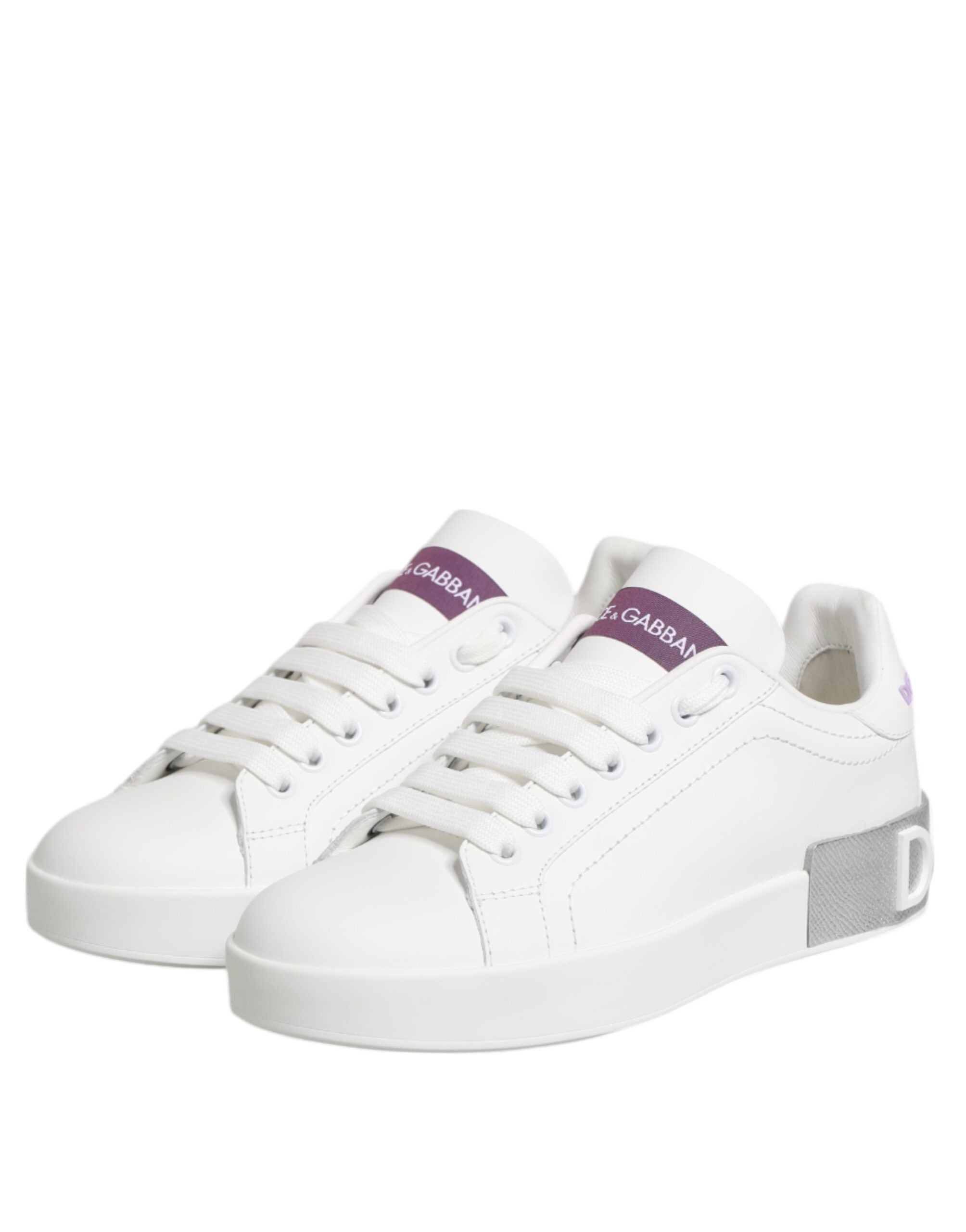 White Purple Leather Low Top Sneakers Shoes