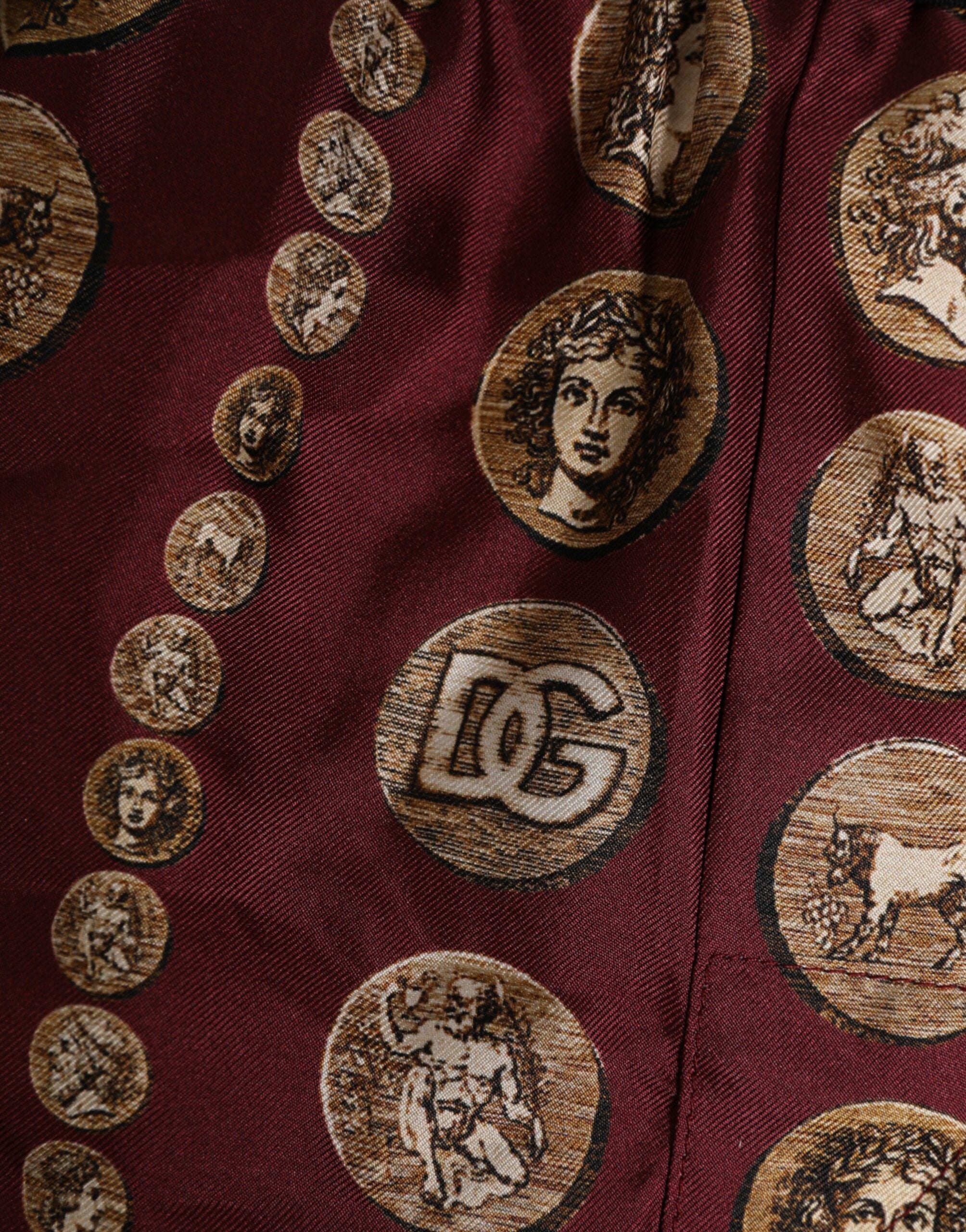 Burgundy Silk Coin Print Men Boxer Short Swimwear