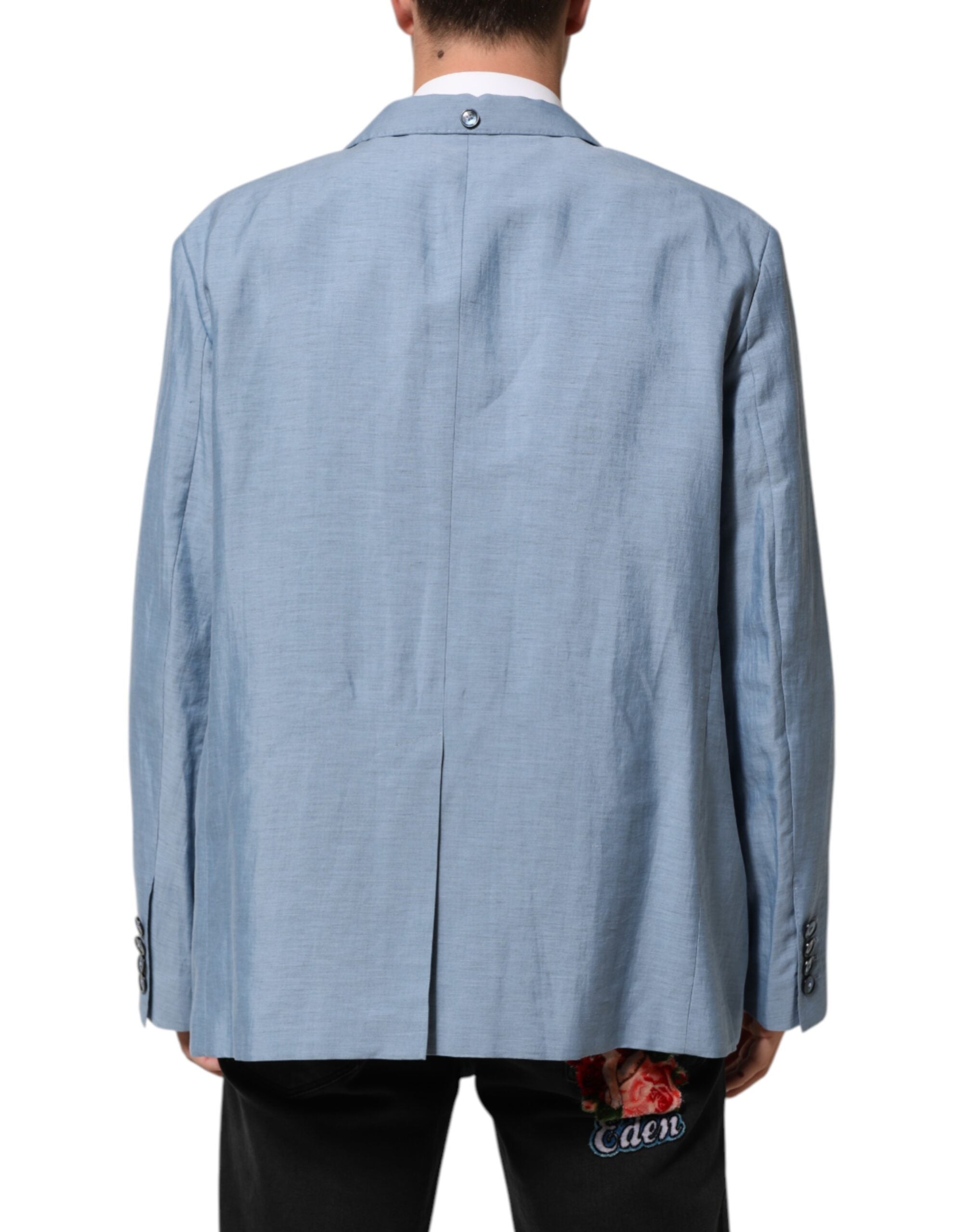Light Blue Linen Double Breasted Men Jacket Blazer