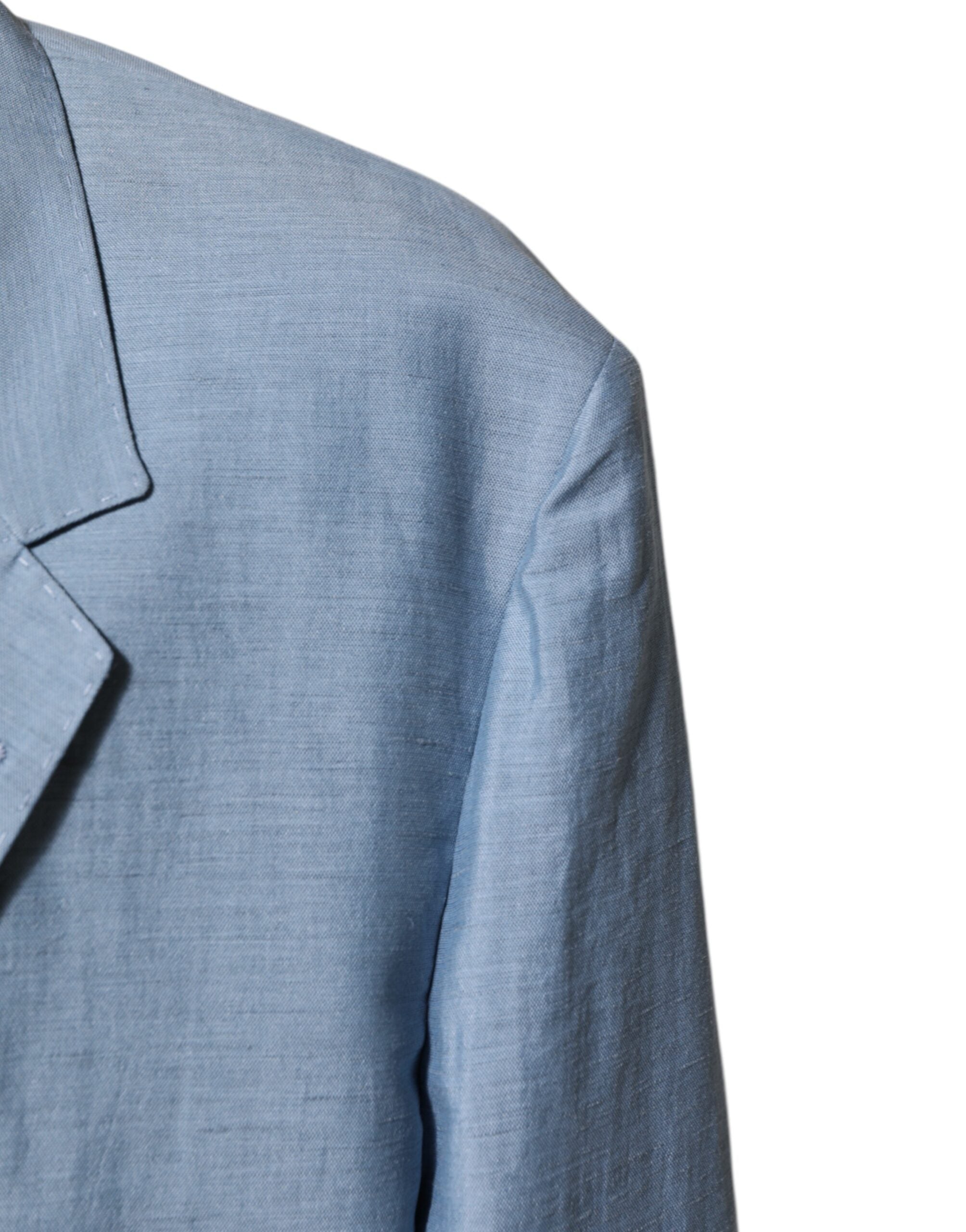 Light Blue Linen Double Breasted Men Jacket Blazer