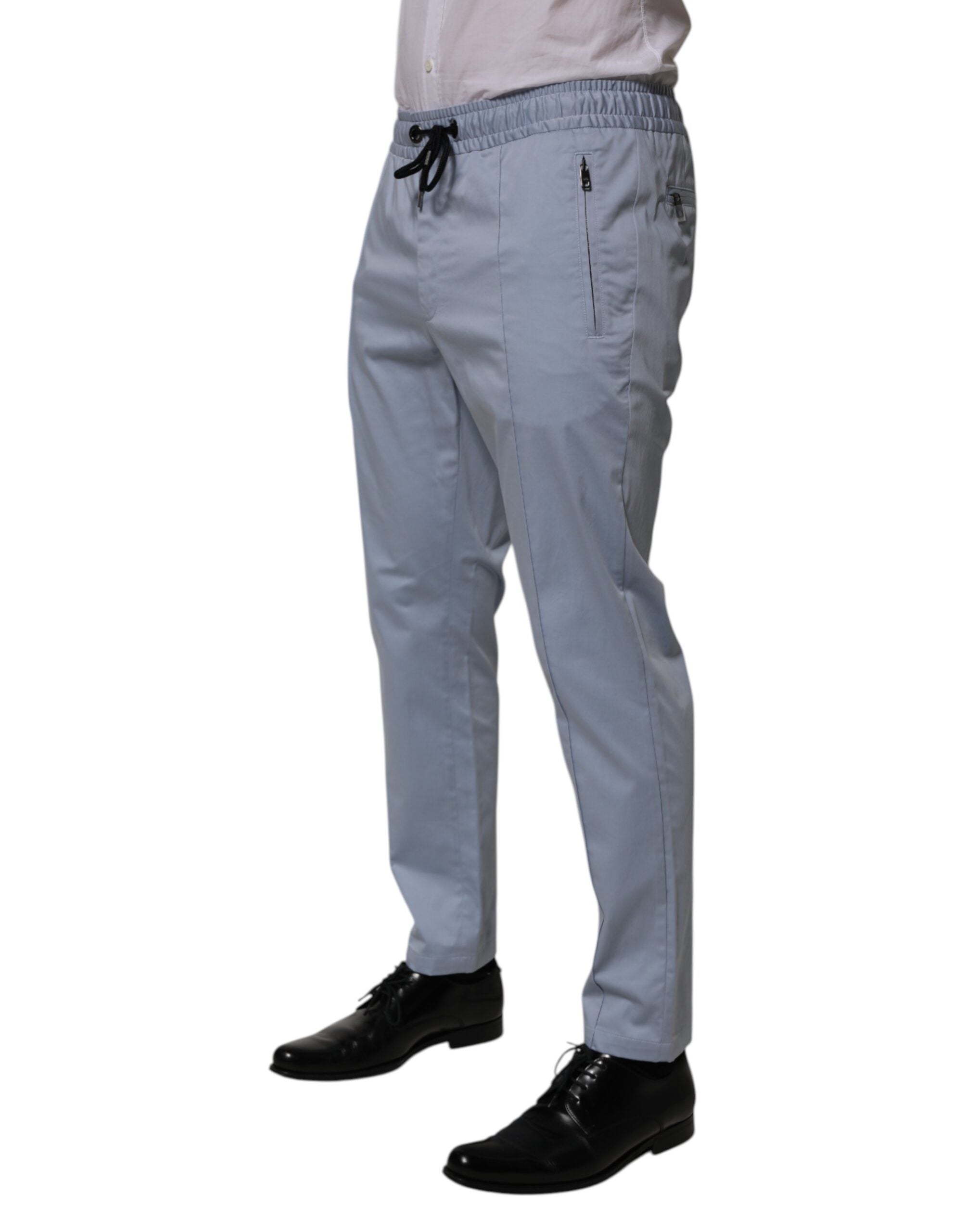 Light Blue Cotton Drawstring Elastic Waist Men Pants