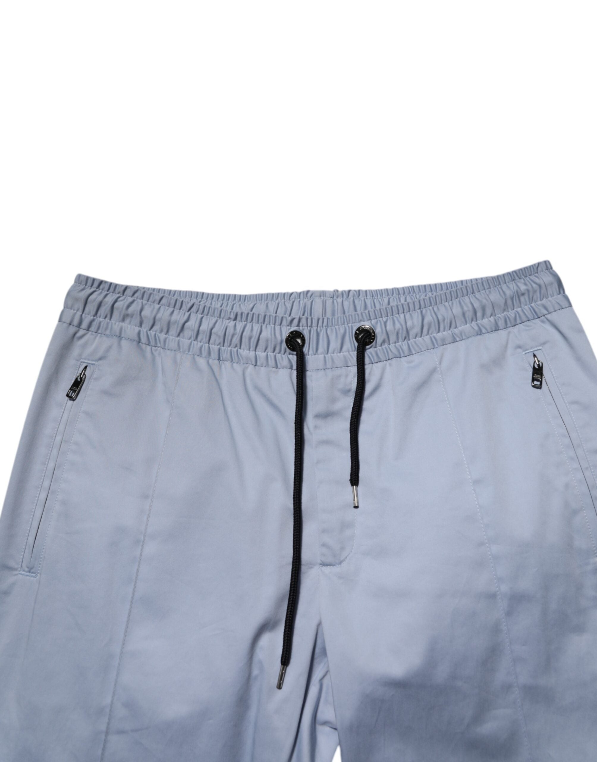 Light Blue Cotton Drawstring Elastic Waist Men Pants