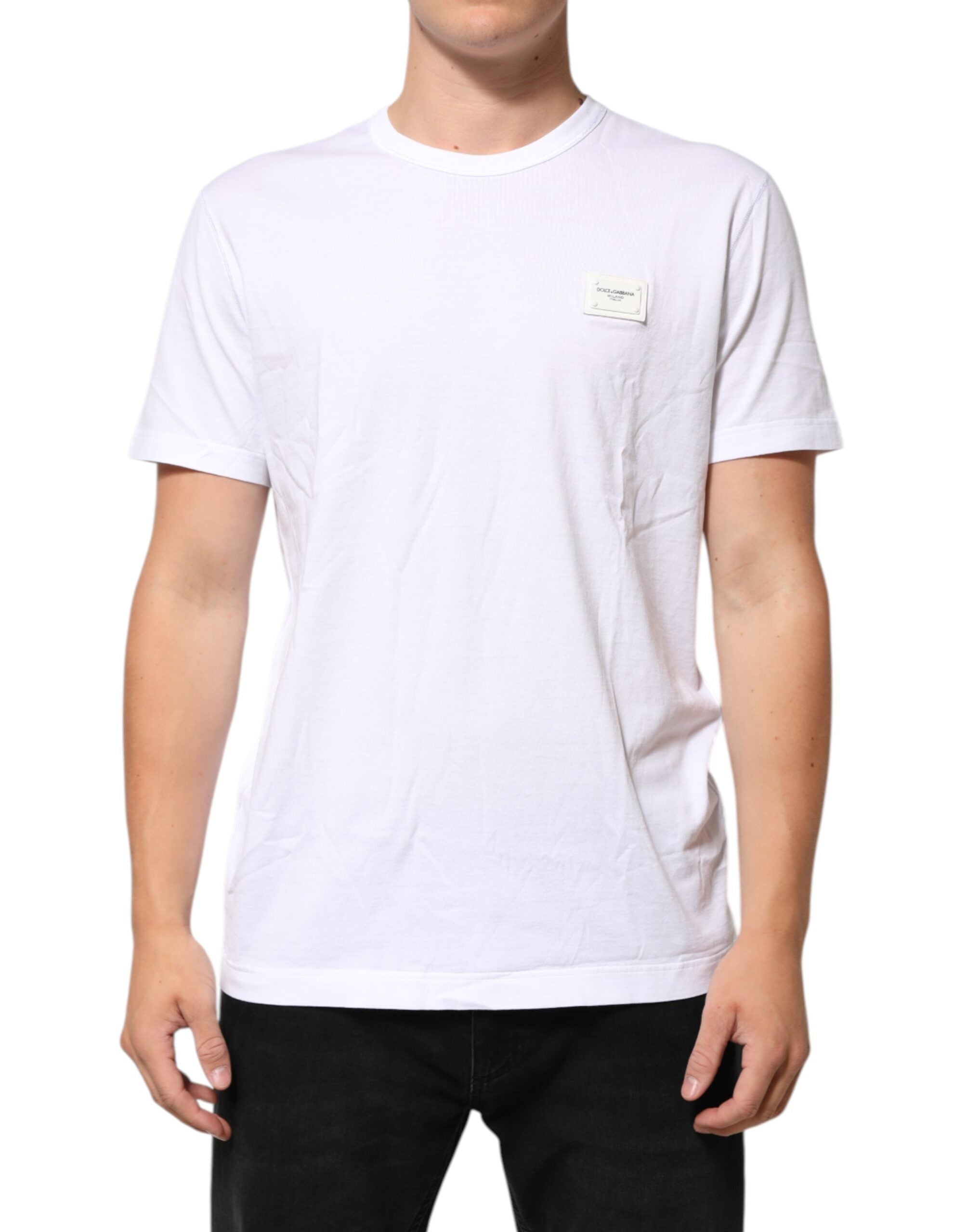 White Logo Plaque Cotton Crew Neck T-shirt