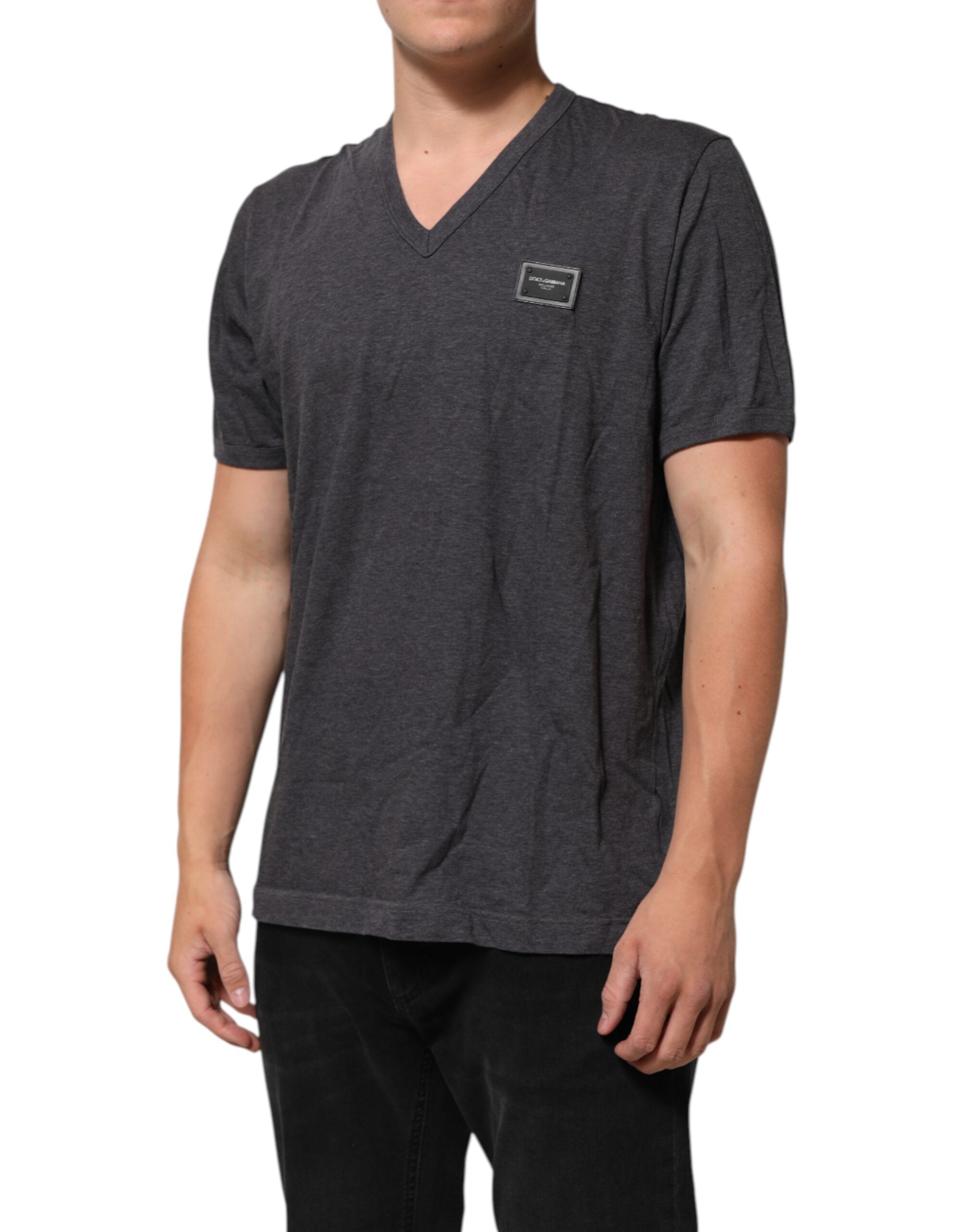 Grey Cotton V-Neck Logo Plaque Melange T-Shirt