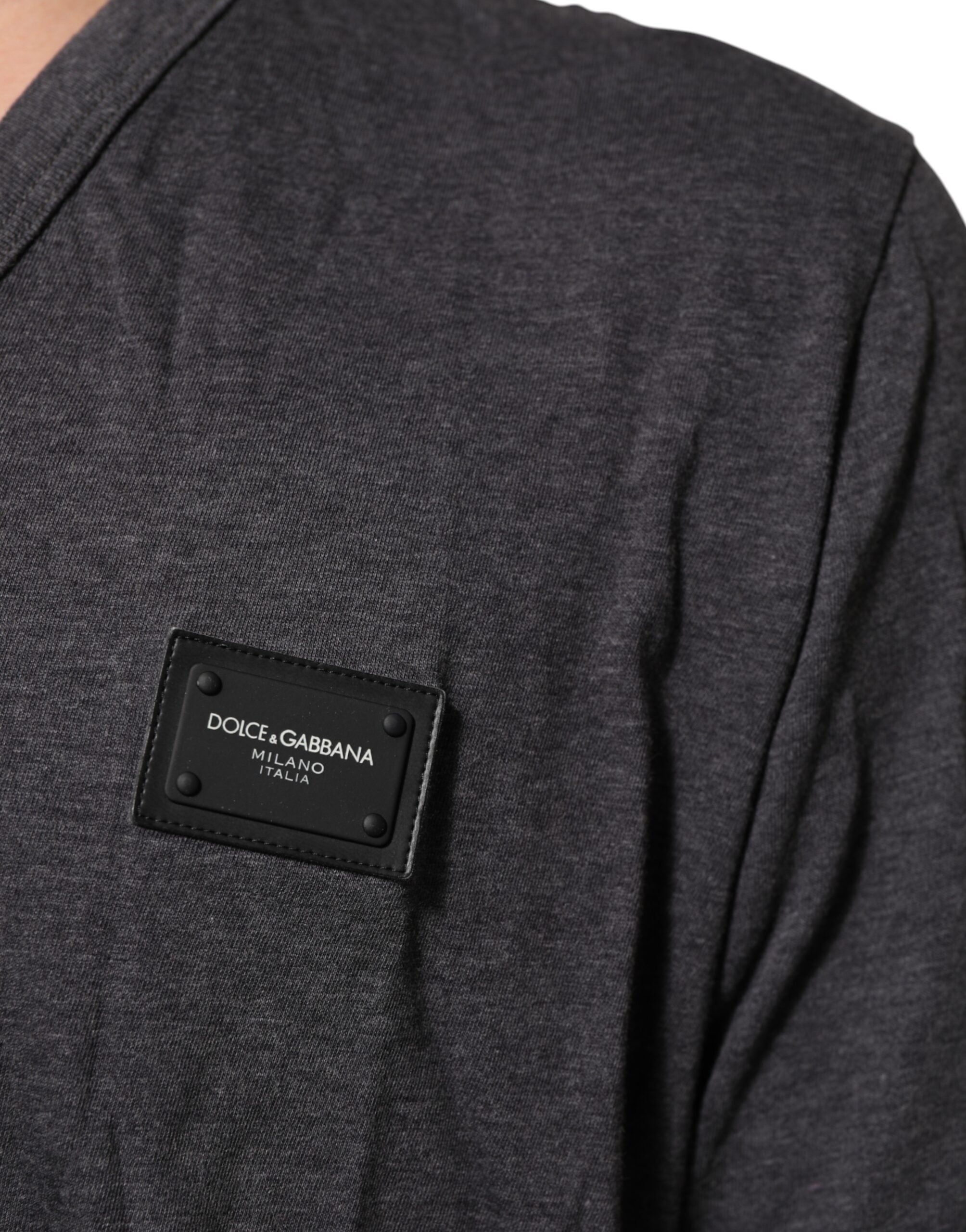 Grey Cotton V-Neck Logo Plaque Melange T-Shirt