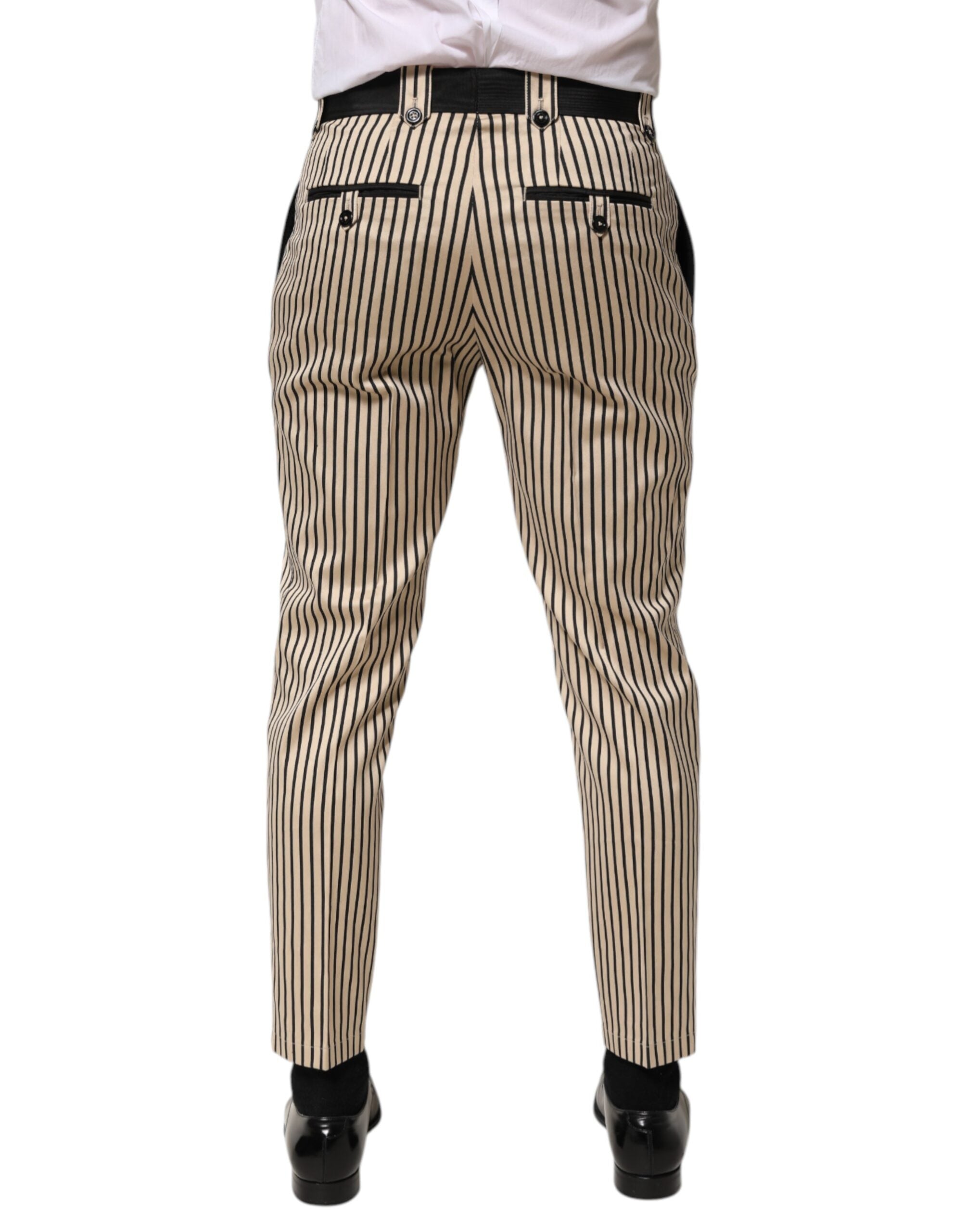 Beige Black Striped Cotton Slim Fit Trousers Pants